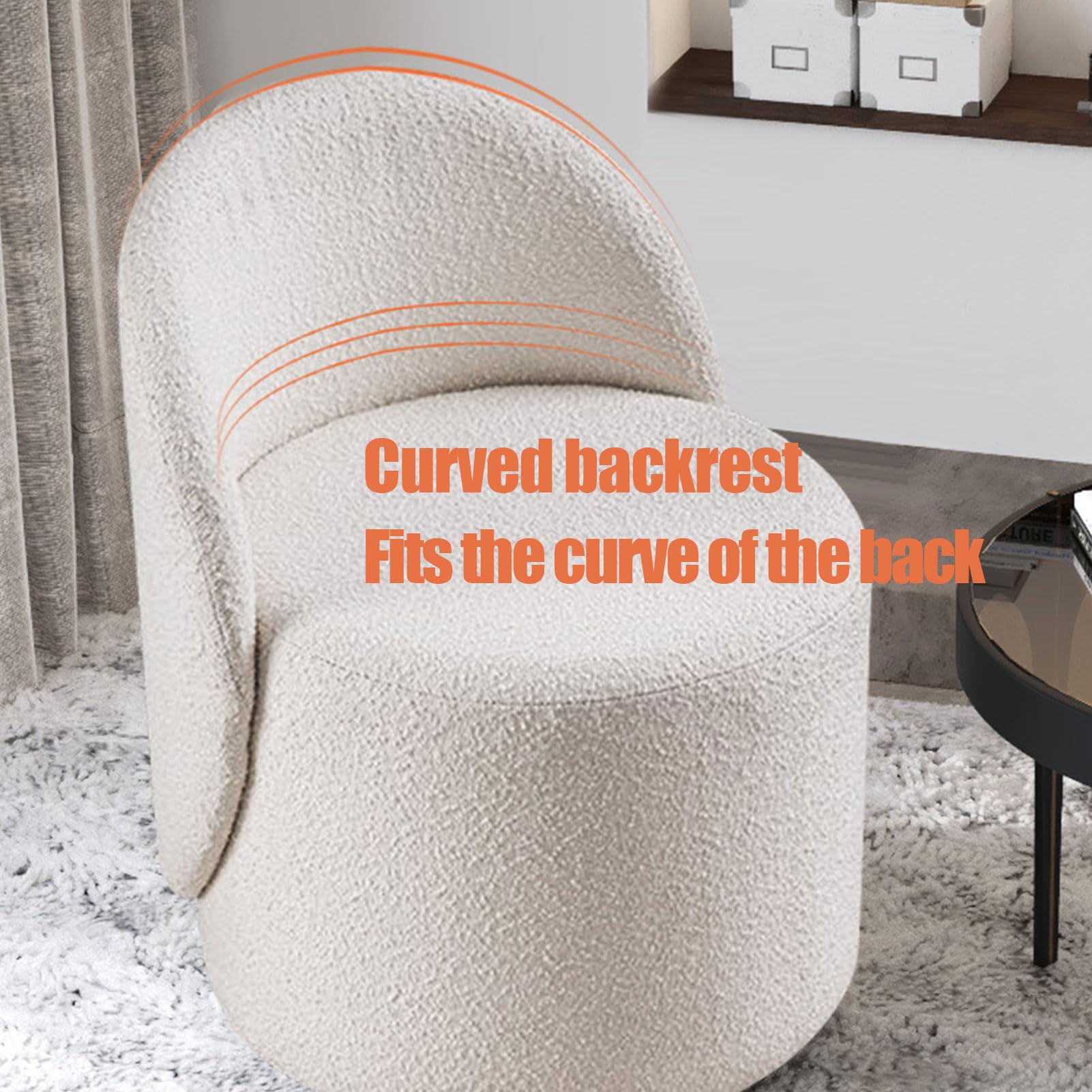 Tabouret De Maquillage Avec Dossier Bas Velours - Chaise Ronde Rembourrée Pieds Bois Style Milieu Du Siècle