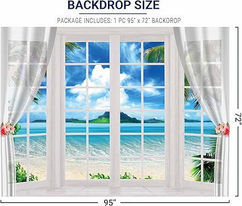 Miniatura 3 de Allenjoy Fondo de ventana de playa de verano de 8 x 6 pies, telón de fondo hawaiano tropical para fotografía, isla del océano, hojas de palma, Luau,
