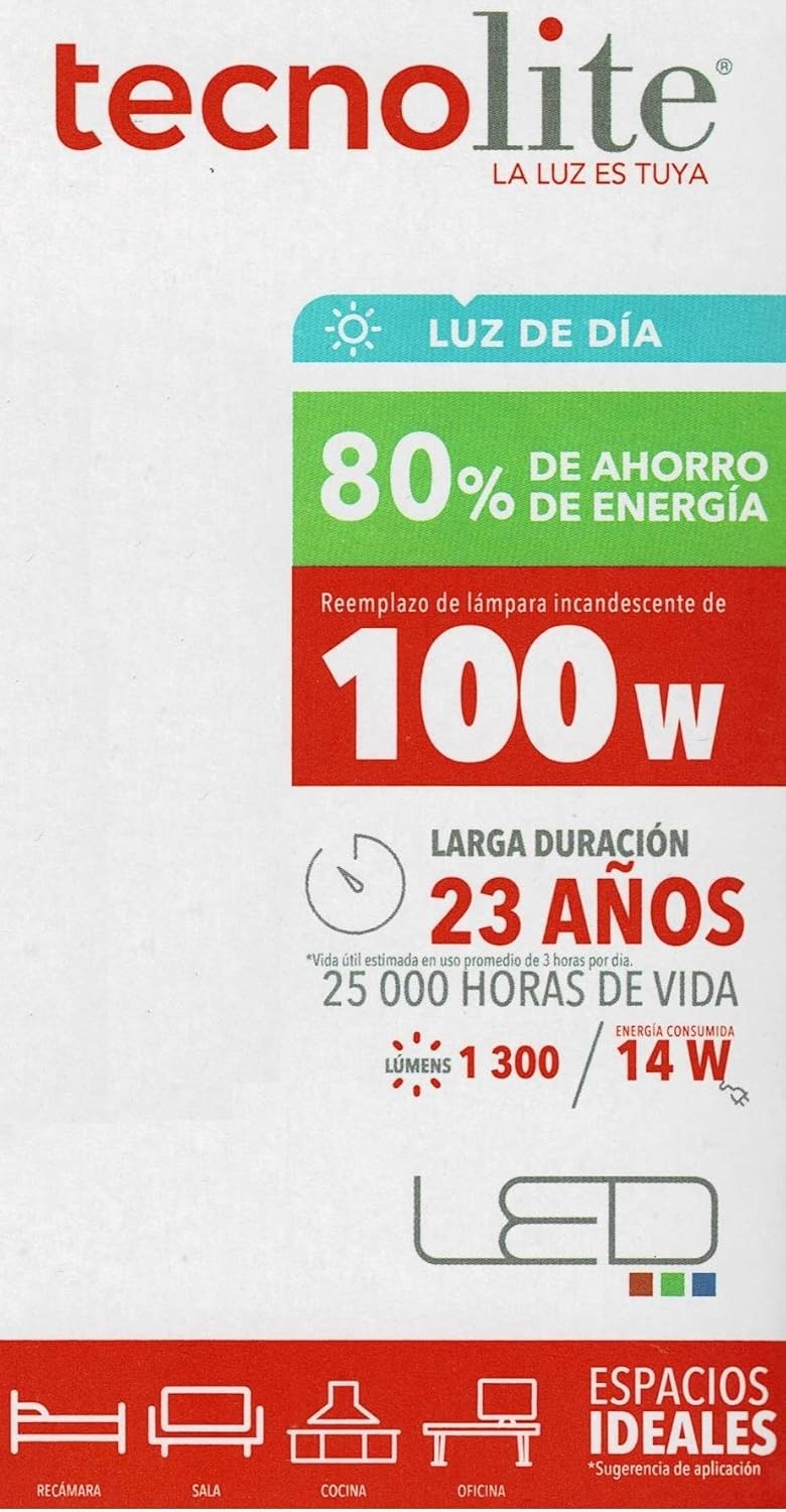 Tecnolite Titanium A19-LED/005/65 LED Bulb packaging showing energy saving and ideal spaces