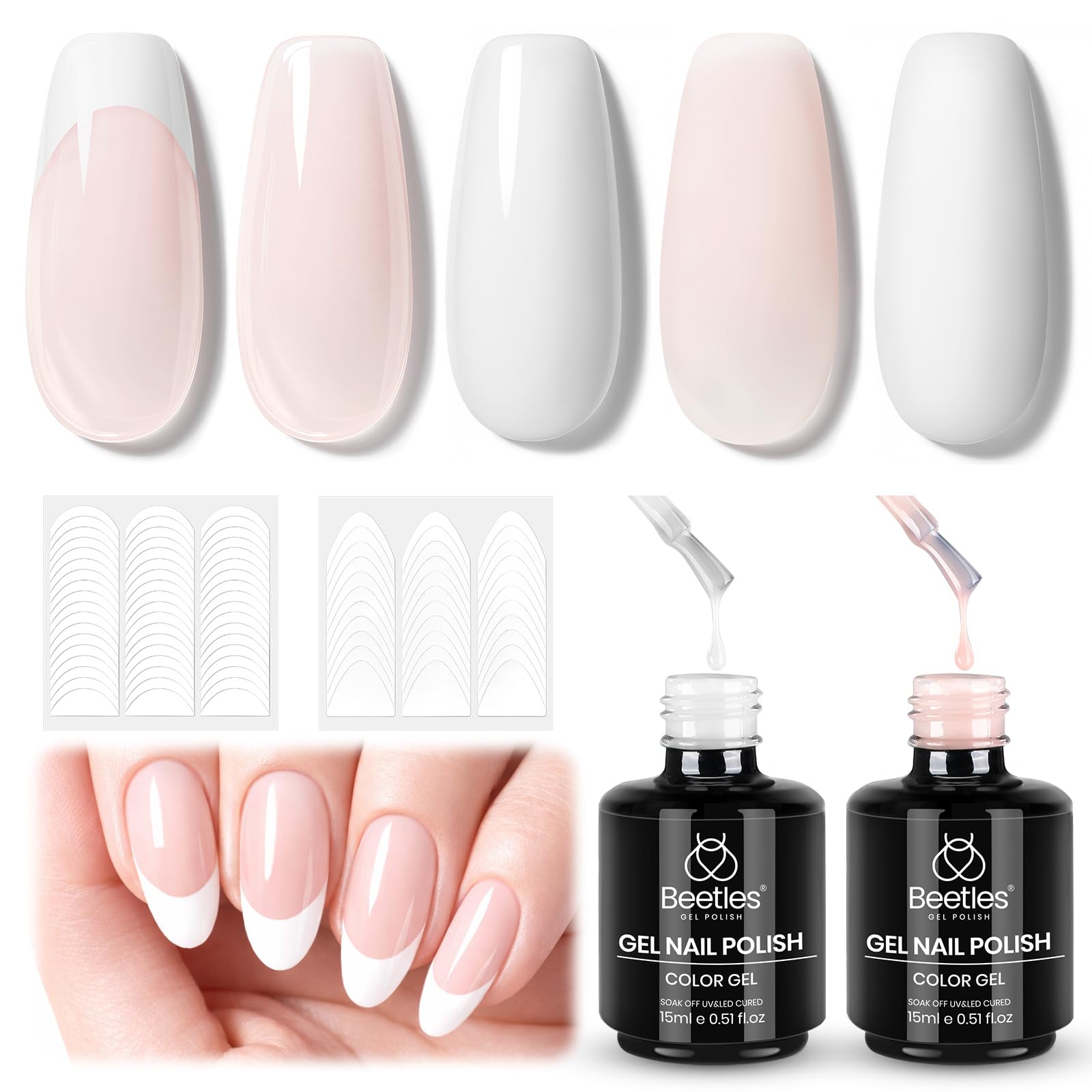 Beetles French Tip Gel Polish Set - White Nude Pink Gel Nail Polish Set Soak Off UV LED