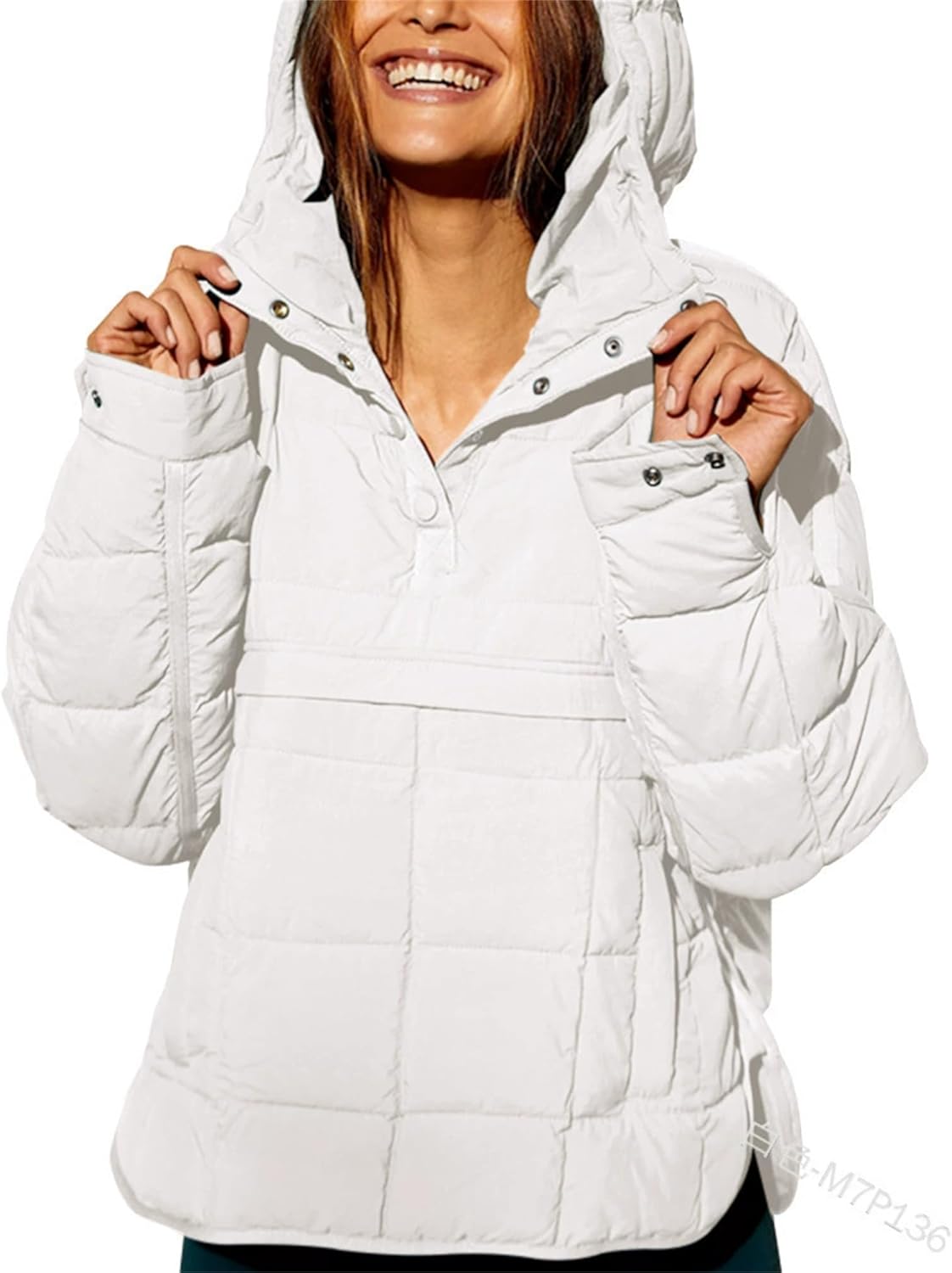 Womens Oversized Puffer Jacket Quilted Dolman Hoodies, Pullover Quilted Lightweight Jacke, Quarter Button Casual Padded Coats
