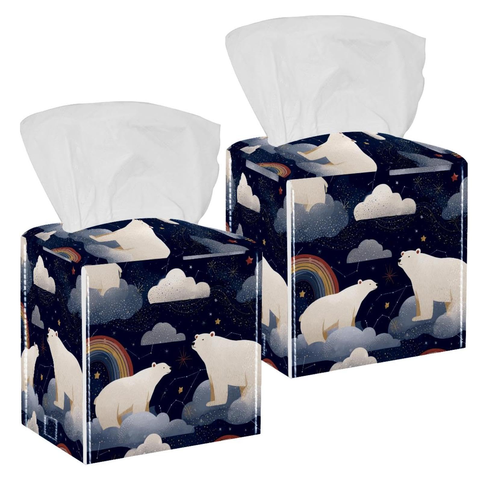Bear and Rainbow Tissue Box Cover, 2 Pack PU Leather Square Facial Tissue Dispenser Box holder for Home Office Car