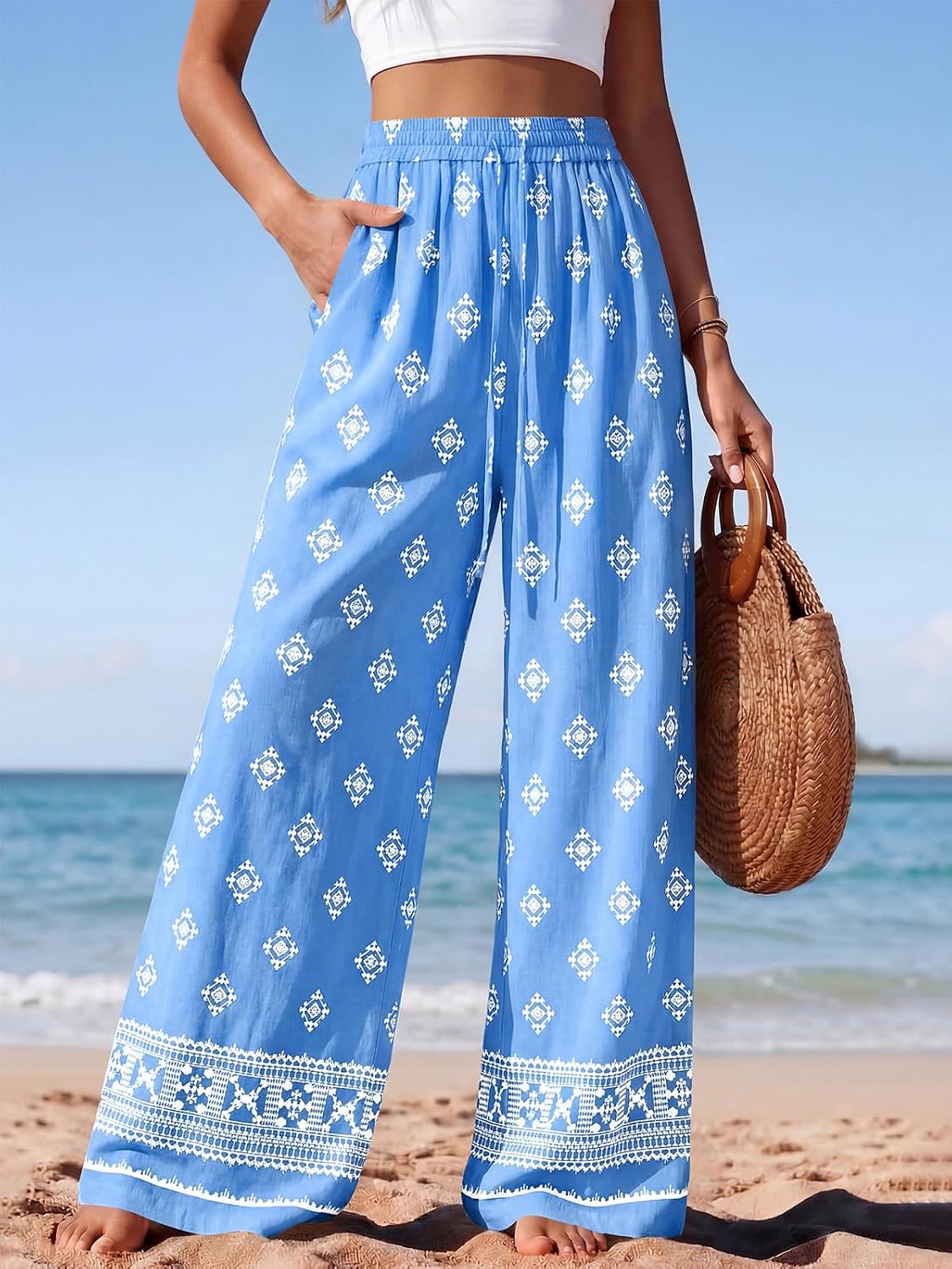  Womens Pants Elastic Waist Striped Lightweight Palazzo Pant | Casual Lounge Wide Leg Pants Woman with Pockets, Floral Print, Gingham Textured Cute Pants, Drawstring, Flowy Summer Outfits thumbnail