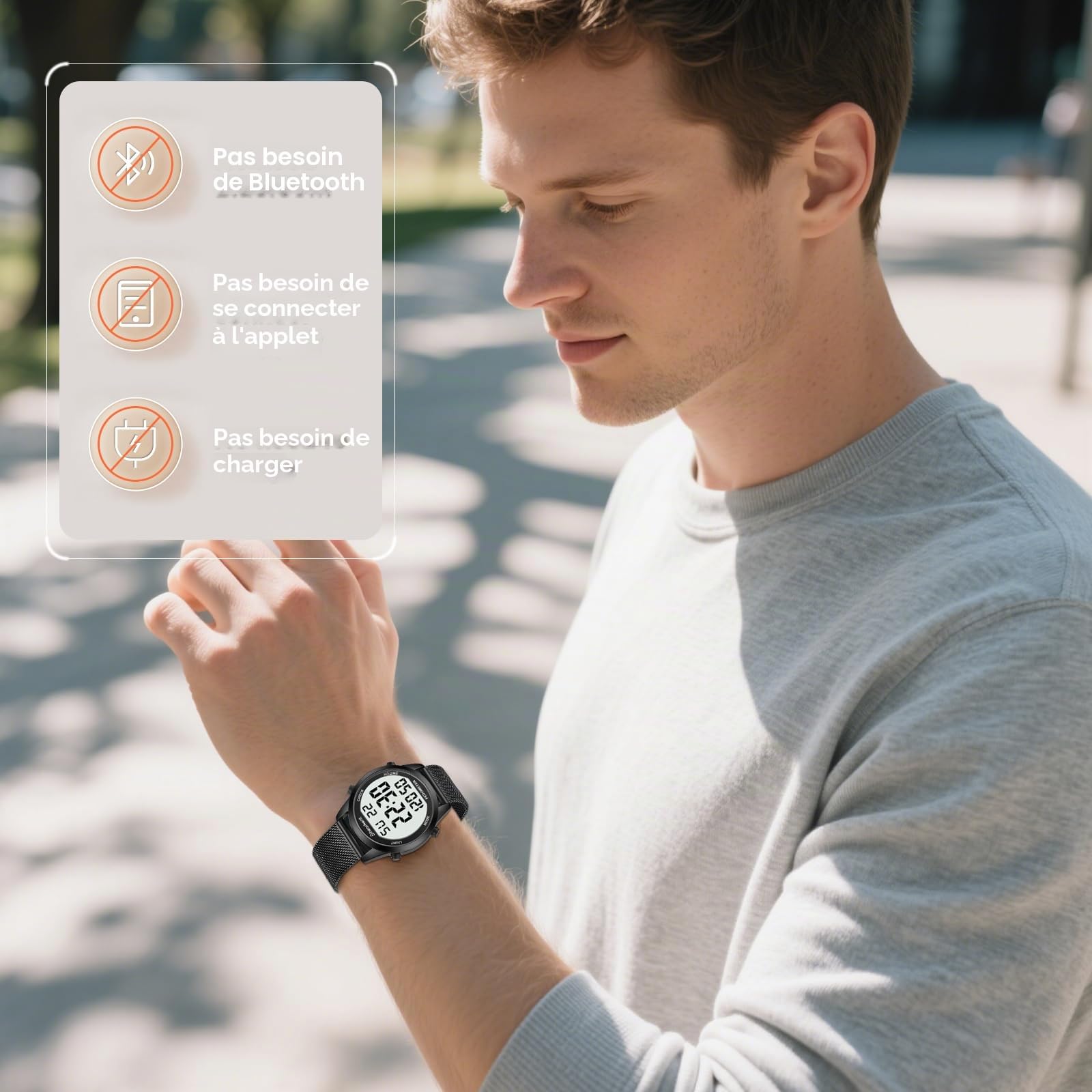 Hearkent Montre numérique étanche pour homme avec podomètre, alarme, calories, distance, alarme, compte à rebours, bracelet en acier inoxydable