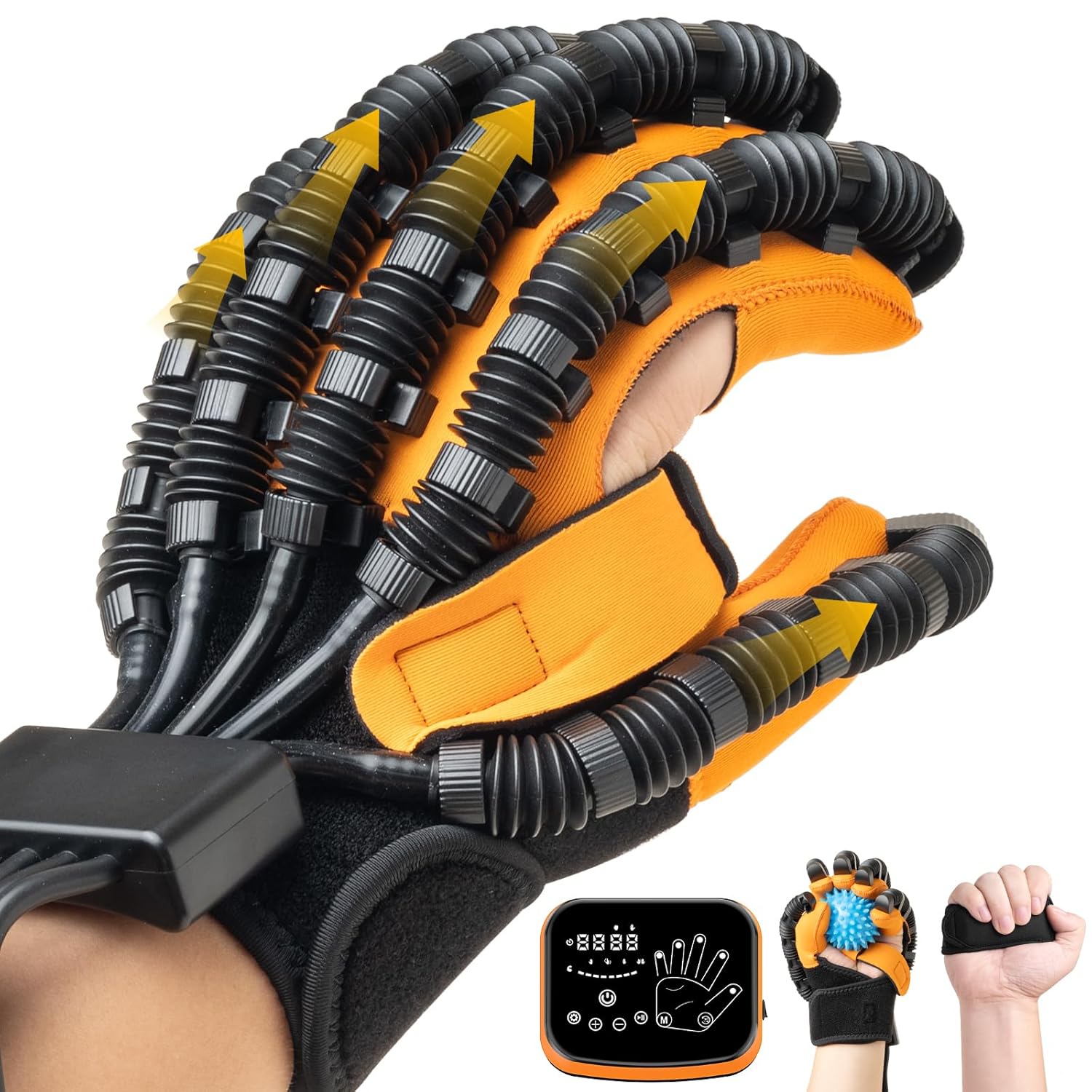 Rehabilitation Robot Gloves-Robotic Stroke Therapy Equipment for Adults-Robotic Hand Recovery Device-Convenient Training Glove (Black & Orange, Large, Left Hand)