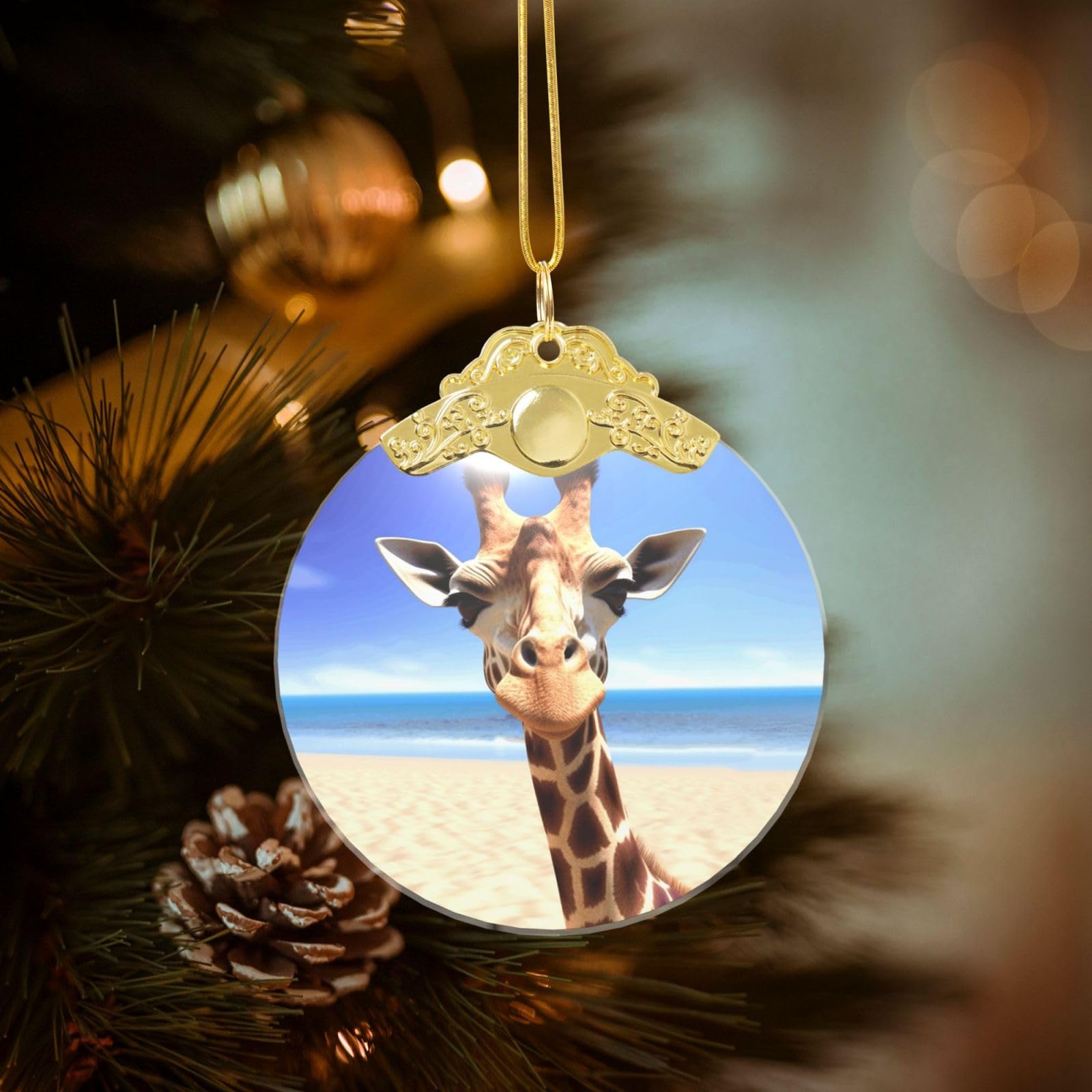 Crystal Christmas Ornaments for Christmas Tree Decoration Hanging Beach Giraffe Ornament with Gold Ribbon Crafts Round Pendant for Keepsake Gifts Glass Xmas Decor Party Supplies