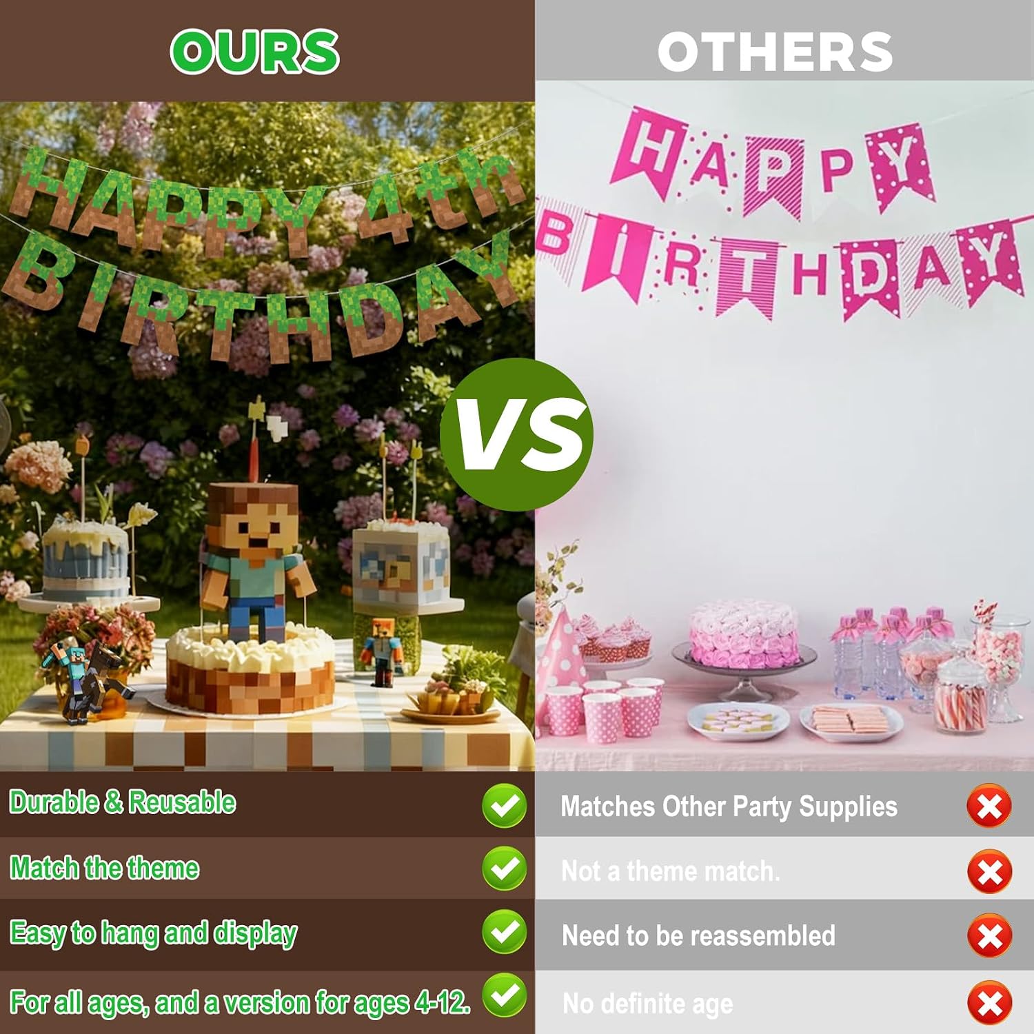 Minecraft 4th Birthday Banner, Pre-strung 4th Pixel Party Banner Video Game Backdrop Pixel Miner Birthday Decorations for 4 Years Old Boys image 5