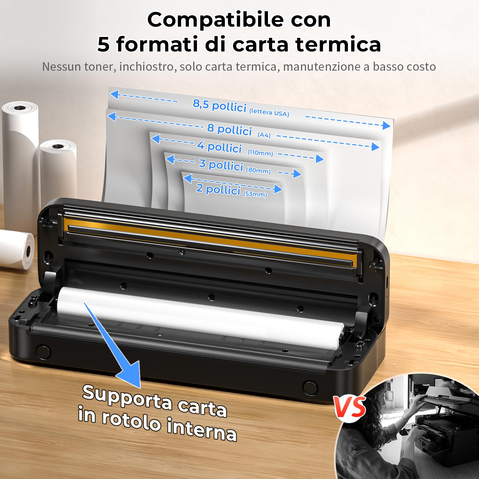 Stampante Termica Portatile Senza Fili A4 300dpi 2600mA Bluetooth