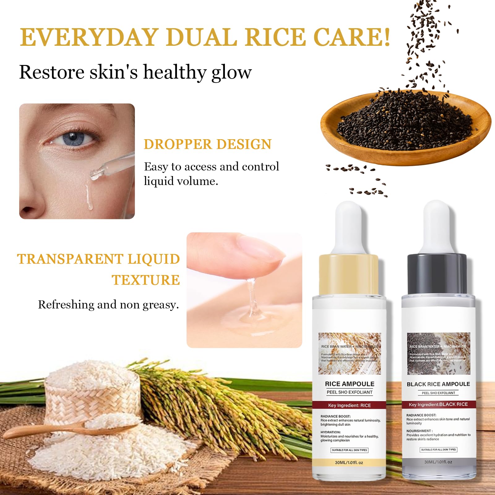 Peel Shot Glow Rice Ampoule Duo, 2PCS Siero Coreano Esfoliante al Riso Bianco & Nero, Delicato Viso Peeling, Rimuove Cellule Morte, Elimina Punti Neri, Pulisce Pori, Idrata Profondo