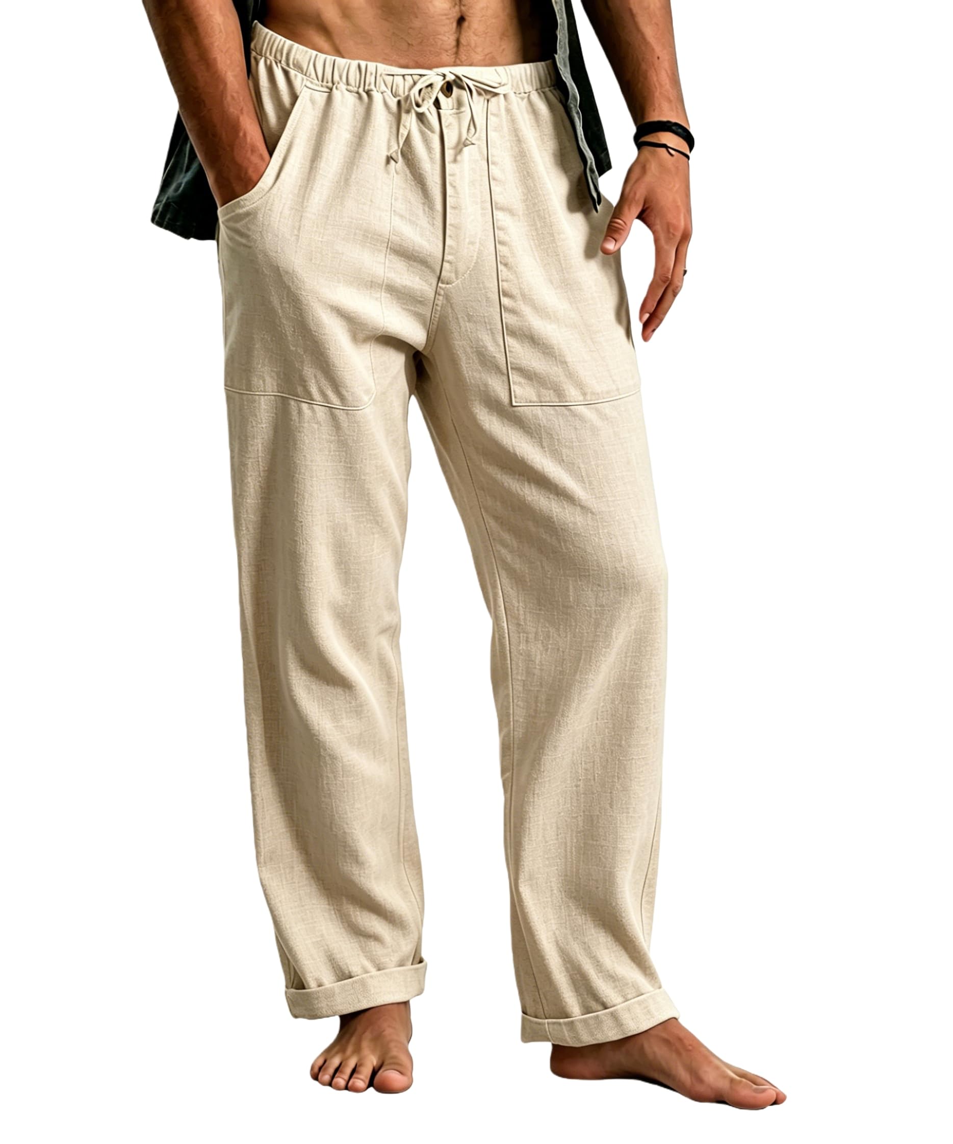 Cegerne Pantaloni in Lino Uomo Lunghi Leggeri, Pantaloni Estivi Casual con Vita Elastica e Coulisse, per Spiaggia Vacanze Medievale Vintage e Uso Quotidiano