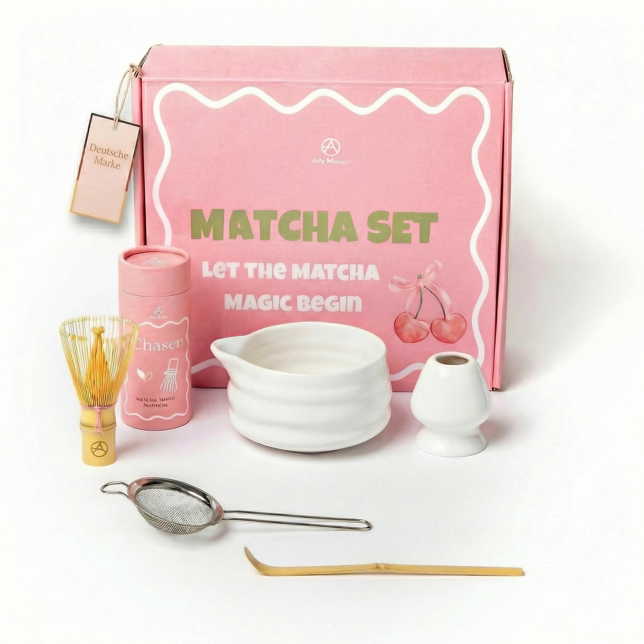 Ally Maison® Design Matcha Set 5-teilig – Hochwertige Keramikschale mit Bambusbesen (Chasen) – Stilvolles Zubehör für die traditionelle Matcha Zubereitung – Ästhetisches Geschenkset