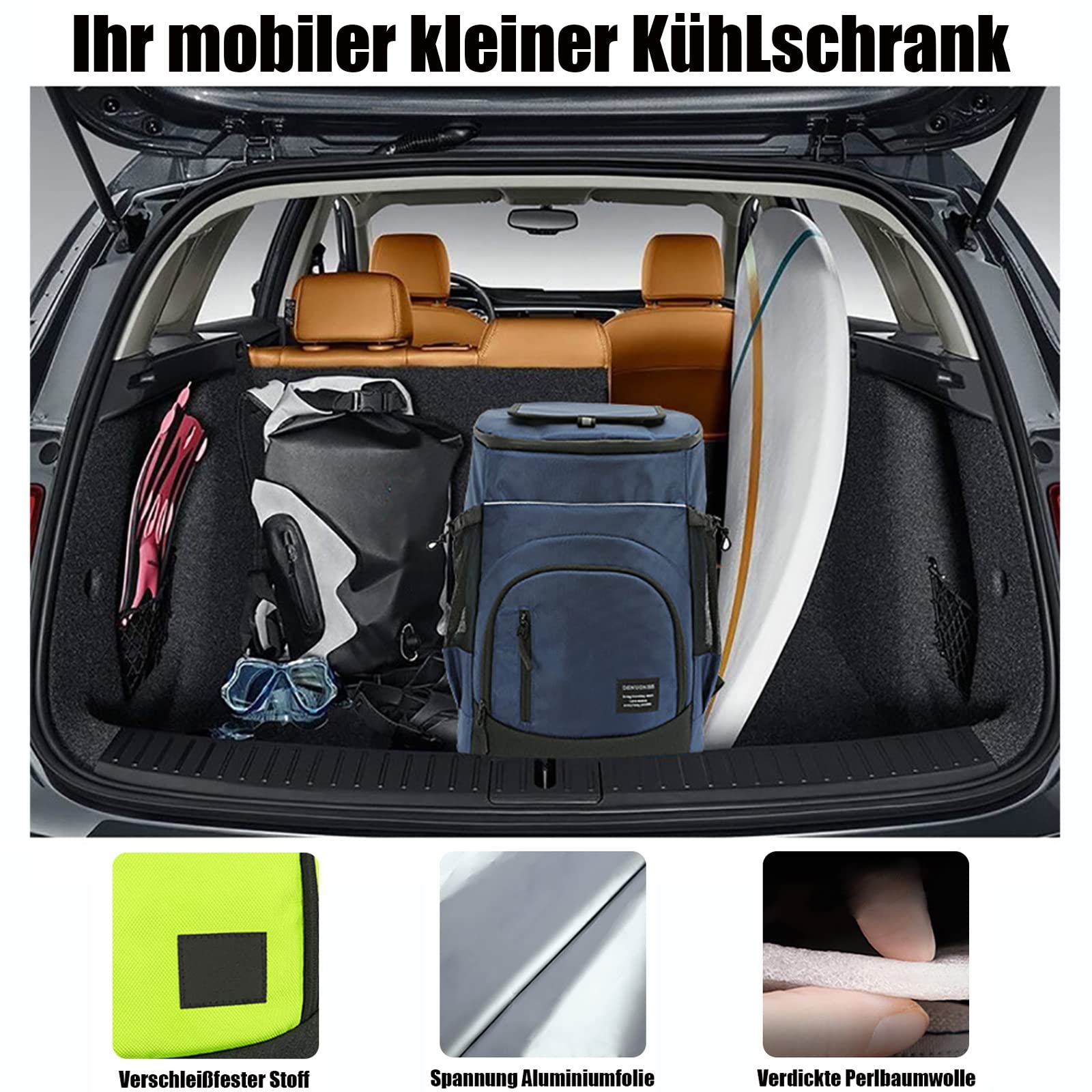 33L Kühltasche Gross, Wasserdichten Isolierter Rucksäcke Cooler Bag, Kaltes Bier Picknick Rucksack Mit Kühlfach, Picknickkorb 2-4 Personen, Mobiler Kühlschrank Fürs Auto (Blau)