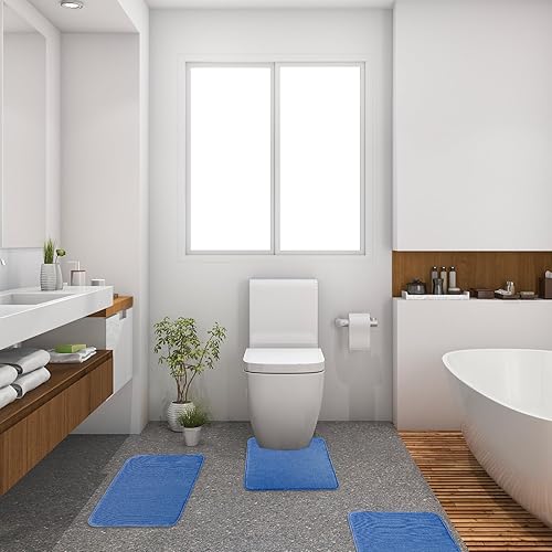 Miniatura 5 de BSAOUTZ Juego de 3 tapetes de baño de espuma viscoelástica, color azul, antideslizantes, absorbentes, lavables, para baño, ducha, bañera