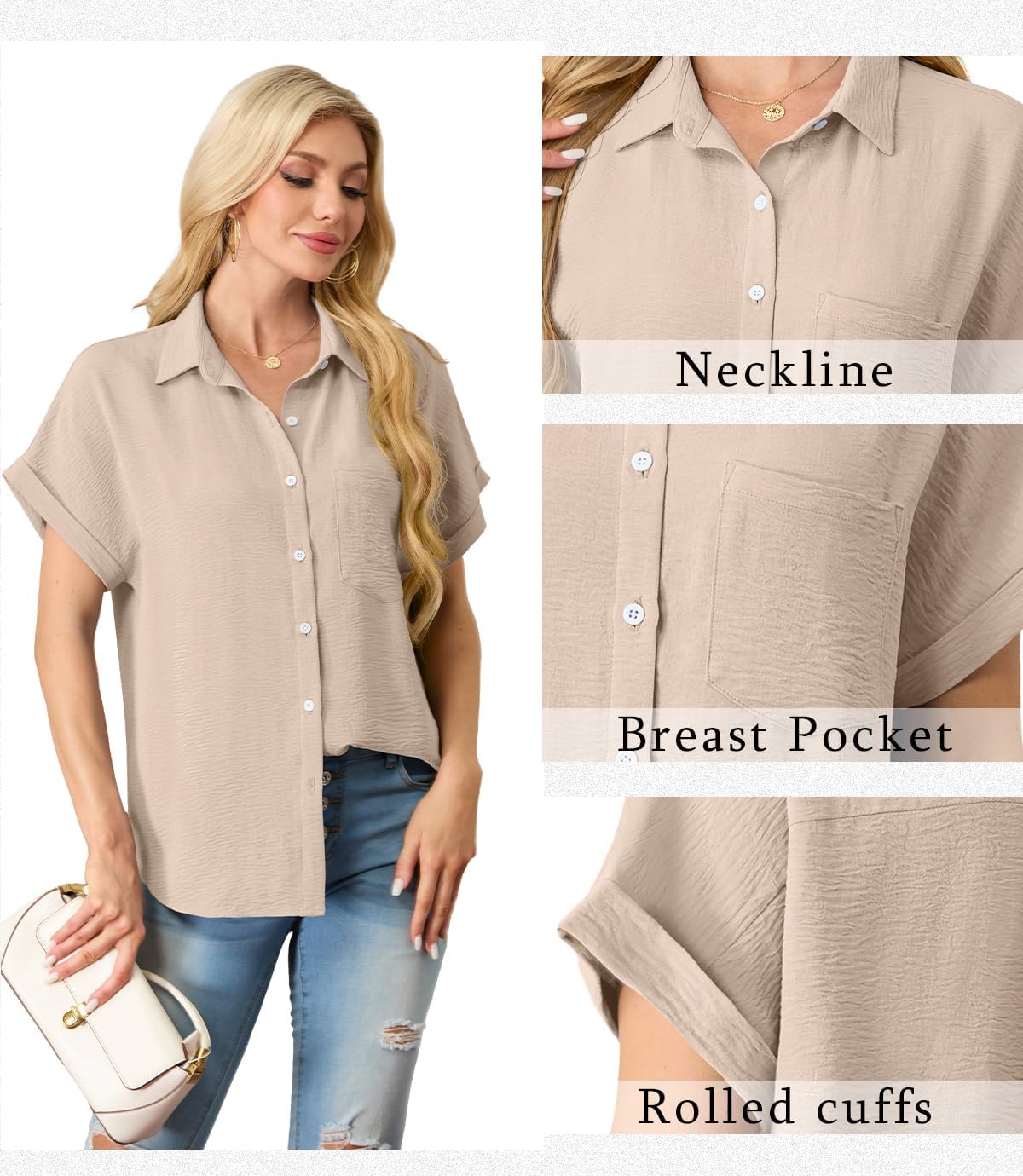 Button Down Short Sleeve Shirts for Women V Neck Loose Roll Up Collared Shirt Casual Summer Tops with Pockets - Image 6
