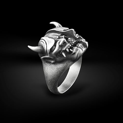 Miniatura 4 de BySilverStone Jewelry Anillo de plata para hombre  Calavera bajo la máscara Oni Cool Ring inusual anillo de demonio para hombre en plata oxidada