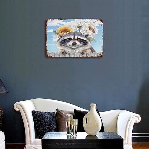 Miniatura 4 de Zomyto Cartel de metal con imágenes de mapache para pared, lindo mapache con girasol, letreros de lata novedosos para habitación de niños, póster de