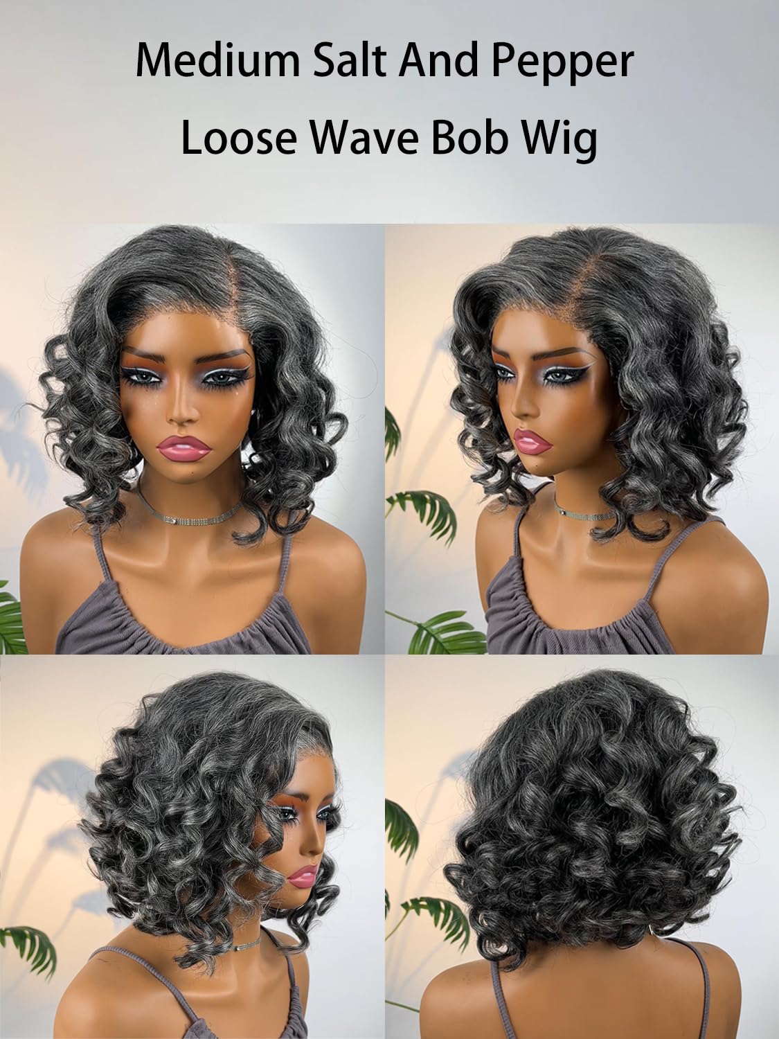 SOUL LADY Attractive Seniors Medium Salt And Pepper Wigs Human Hair Loose Wave 5x5 HD Lace Glueless Bob Wigs for Mom 12 Inch