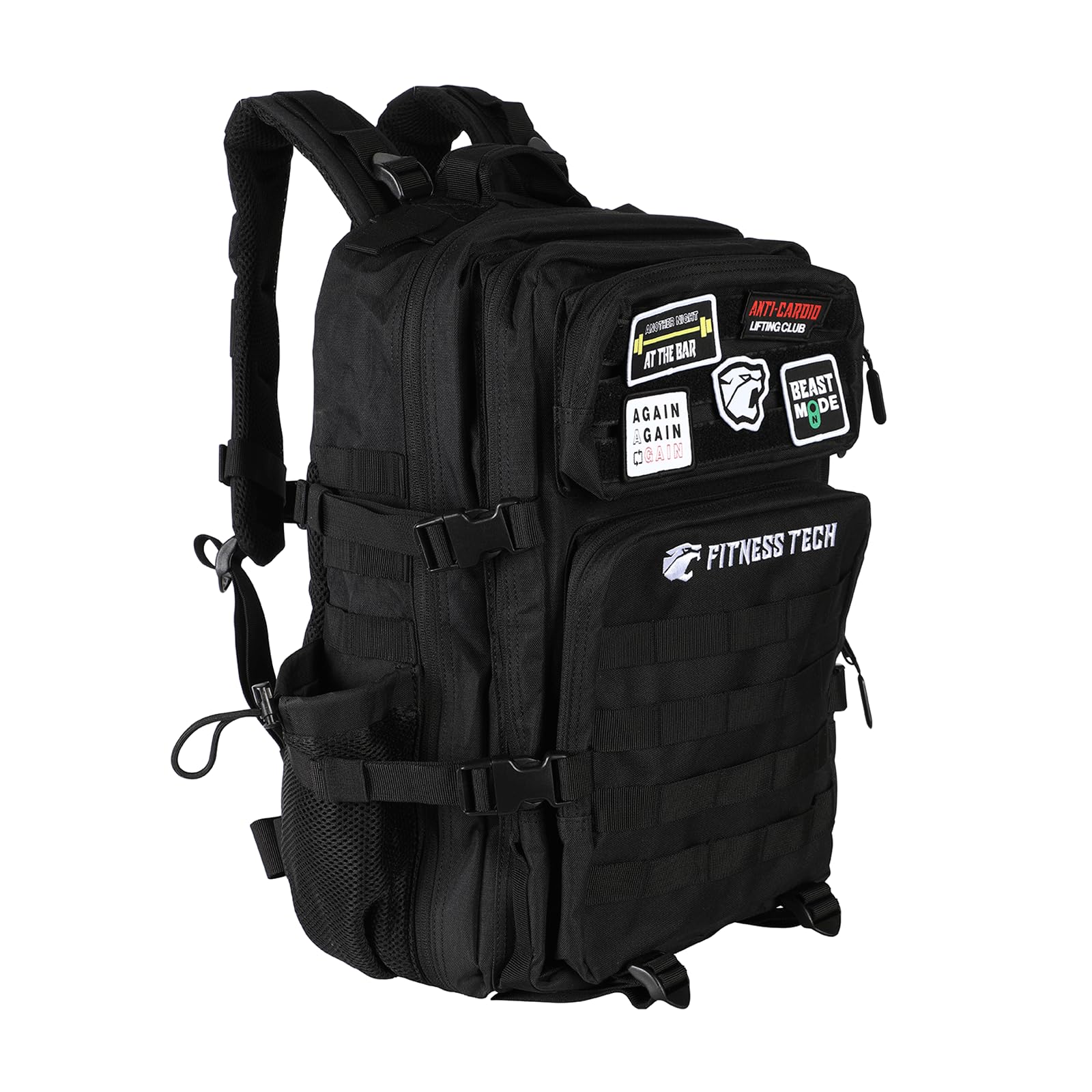 Mochila 45L con porta botellas y 5 parches personalizables | Mochila deportiva táctica para gimnasio y uso diario | Negro, camuflaje o tierra