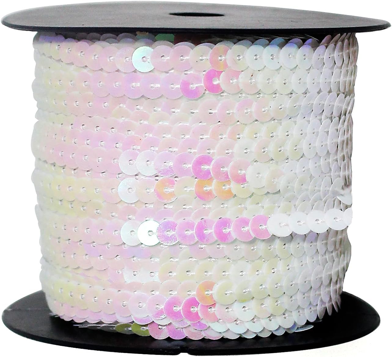 FQTANJU White 6mm Crafts Round Flat Sequin Strip Trim on Strings for Crafts, Fringe, and Sewing; 100 Yard Roll