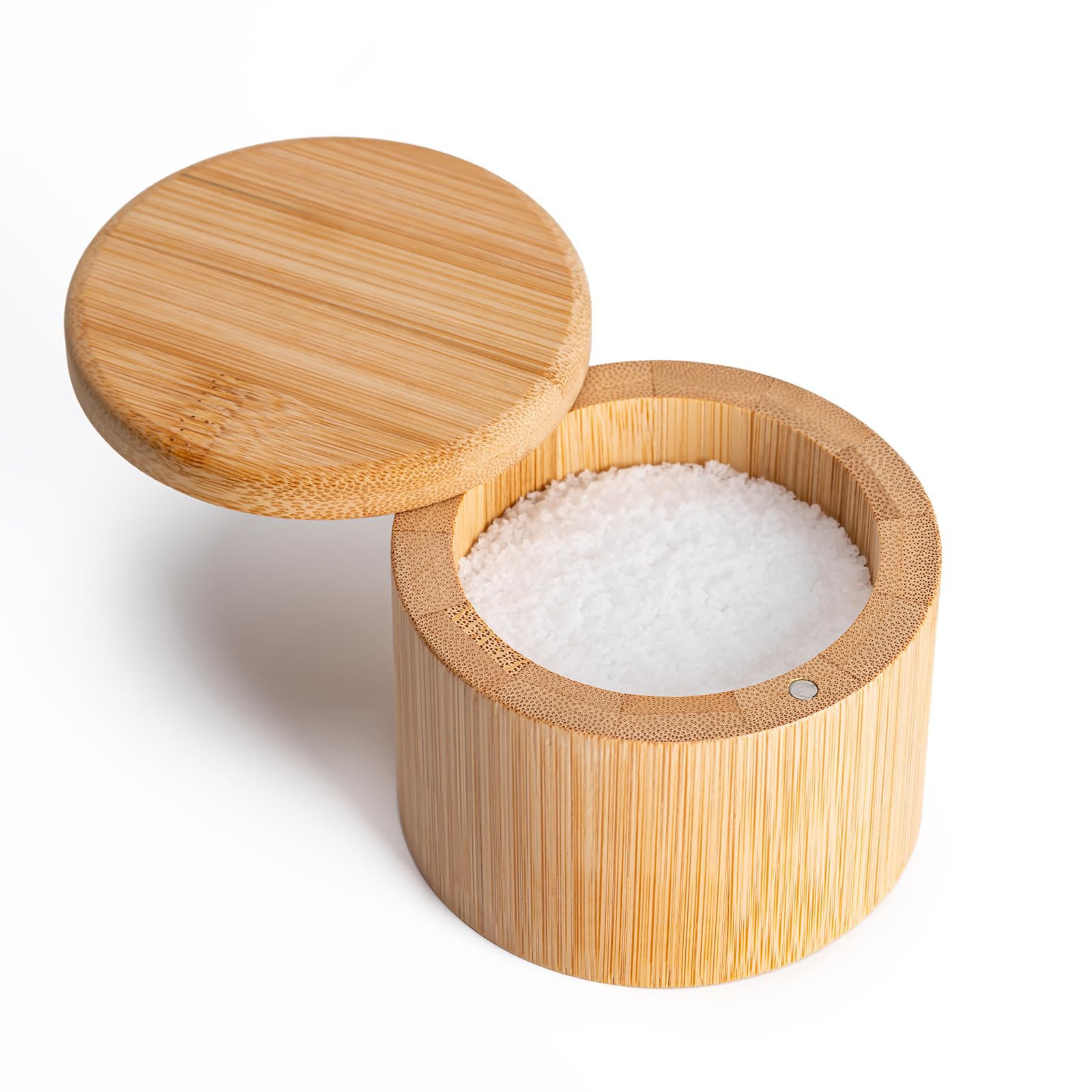 Riavzau Bamboo Salt Cellar, Maldon Sea Salt Box with Magnetic Swivel Lid, Round Salt Container for Storing Salt Pepper Sugar Herbs,6 Ounce Capacity