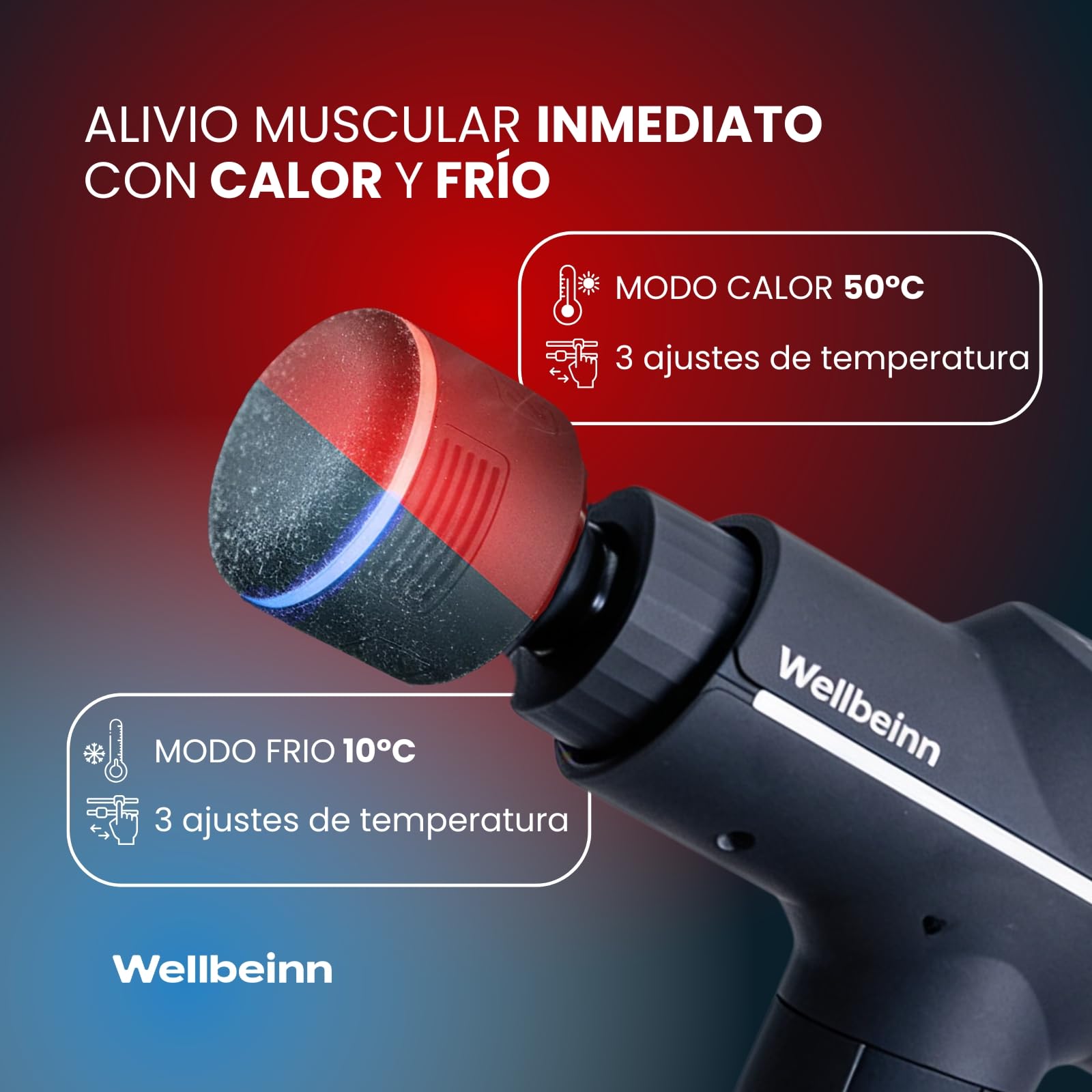 WELLBEINN Pistola de Masaje Muscular con Calor y Frío | Massage Gun Profesional Tejido Profundo | 5 Velocidades | 5 Cabezales | Masajeador Cervical y Espalda para Alivio del Dolor y Recuperación