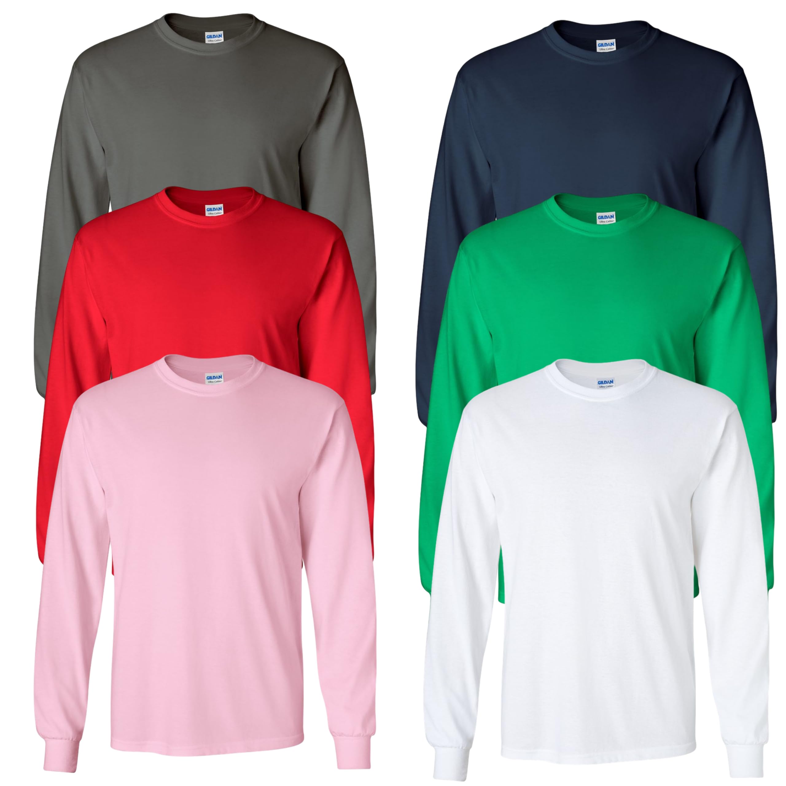 Gildan Adult Long-Sleeve Men’s T-Shirt, 6 oz. Ultra Cotton Tee, Multipack 1I3I6I10 Set of 6, 2XL Multicolor