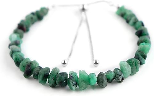 OdrillionGems AA Pulsera Bolo de Piedra Preciosa de Esmeralda Verde Natural Cruda, Piedra Áspera, Plata de Ley 925, Rodio, Cristales Curativos
