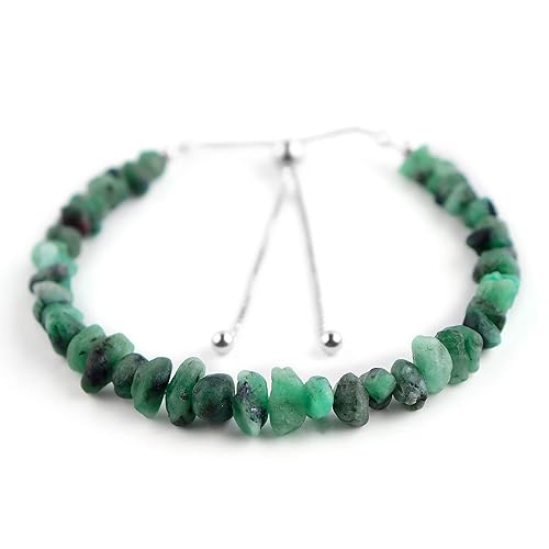 OdrillionGems AA Natural Raw Green Emerald Gemstone Bolo Bracelet, Rough Stone, 925 Sterling Silver, Rhodium, Chakra Healing Crystals, May