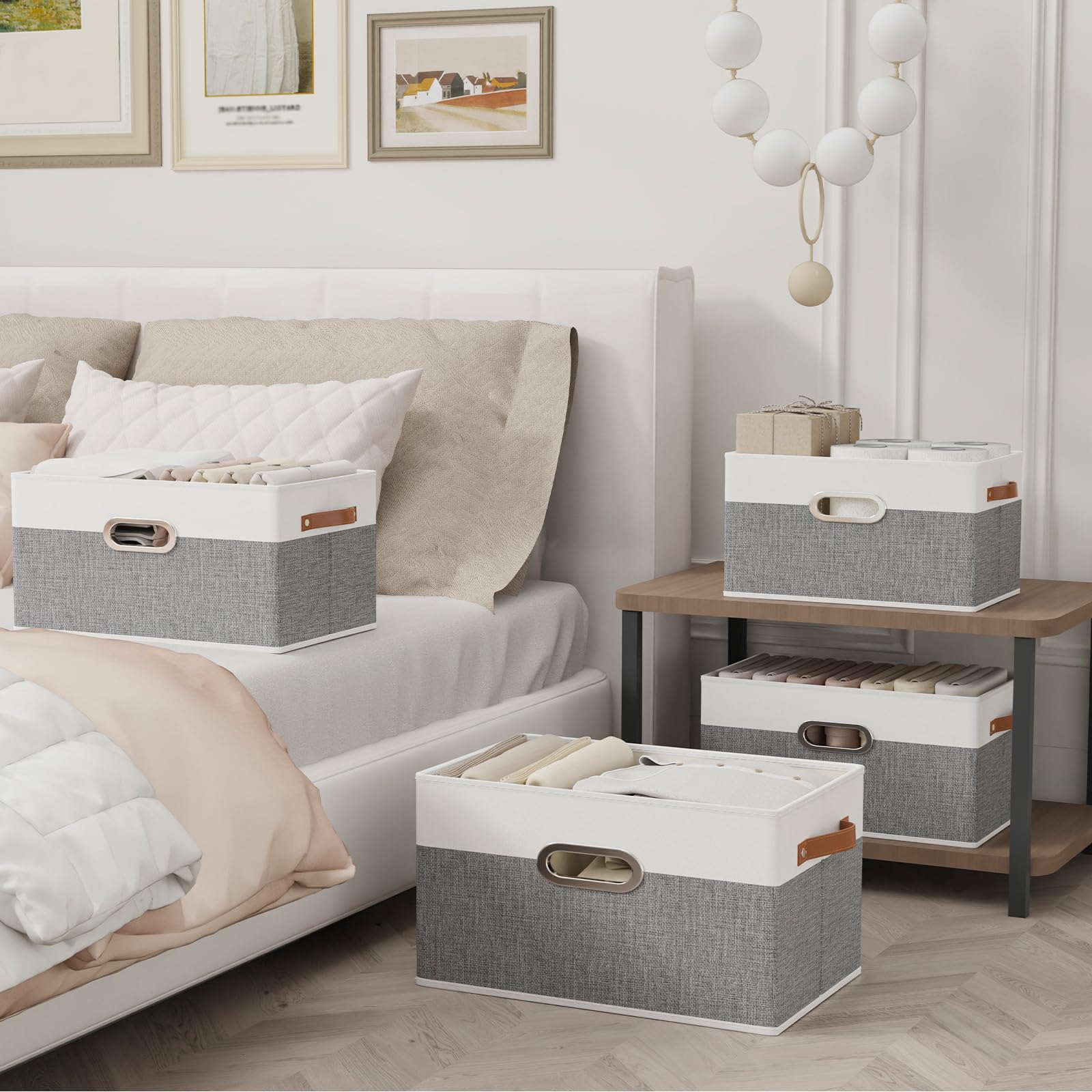 Yawinhe Boîtes de Rangement Lavable,Lot de 3 Panier Blanc/Gris,38x25x21cm | Sans Couvercle Boîte de Pliables;Coffre avec Plaques en PP; Lavable Rangement Tissu avec poignées en cuir pour Vêtements