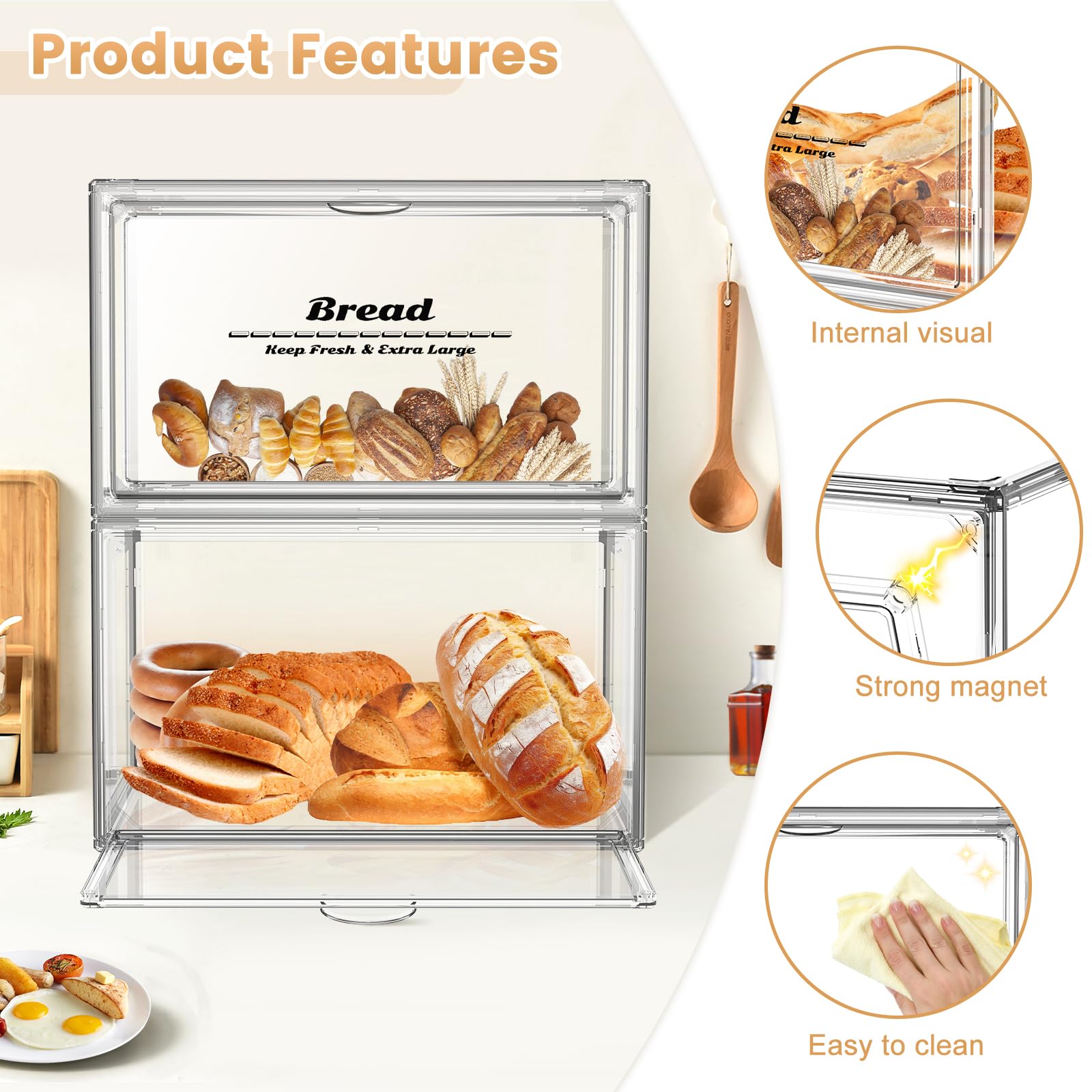 SMFANLIN Large Bread Box for Countertop Stackable Clear Bread Storage Box Holder for Kitchen Bakery Storage Bread Container Bread Keeper for Homemade Bread Bagel Muffins Rolls - Image 3