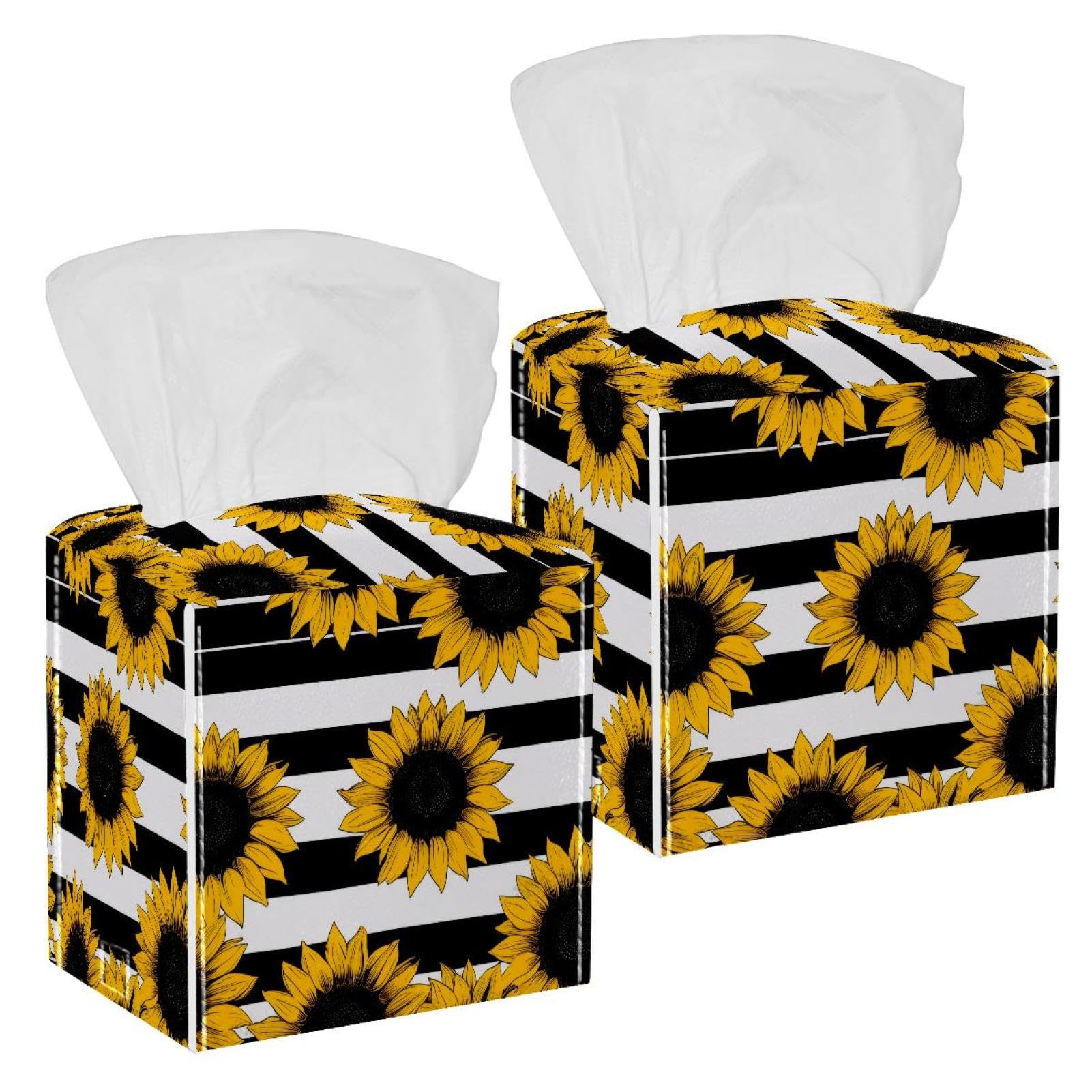 Sunflowers Tissue Box Cover, 2 Pack PU Leather Square Facial Tissue Dispenser Box holder for Home Office Car