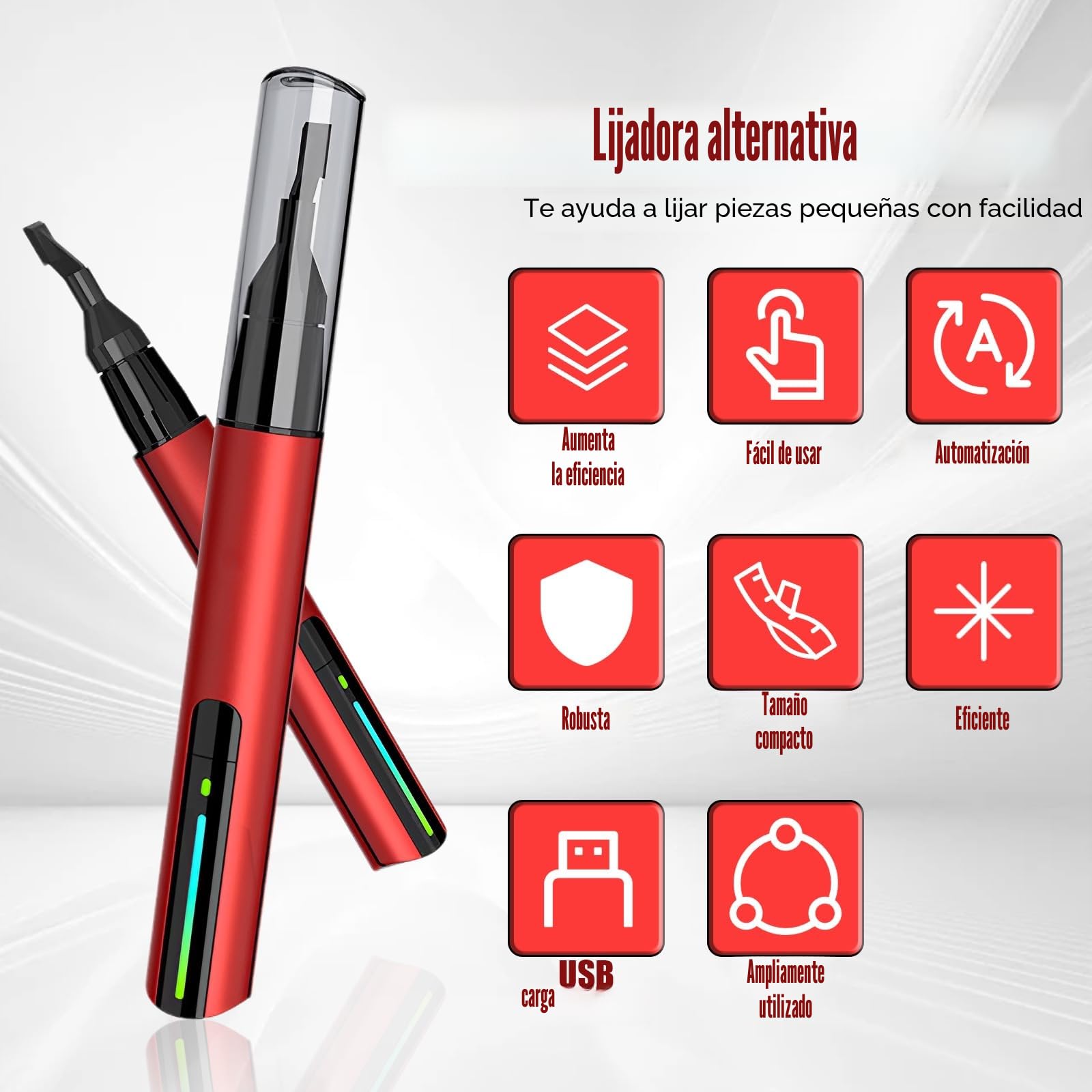 Lijadora de sable con 8 cabezales abrasivos, 12 tipos de papel de lija, mini bolígrafo abrasivo eléctrico, protección contra sobrecarga, 3 velocidades, carga USB rápida