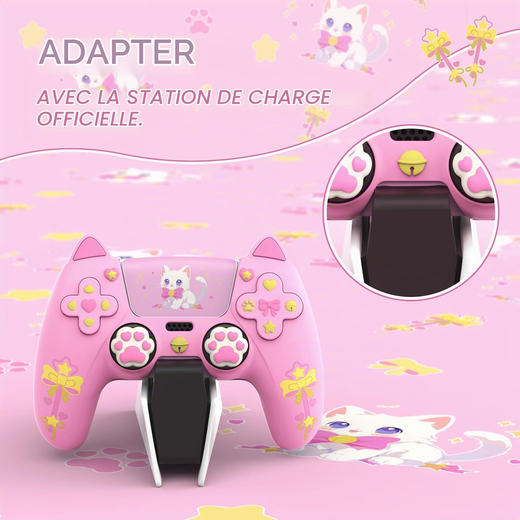 PlayVital Coque Manette pour ps5 Compatible avec Station de Charge avec 6 Capuchons Joystick & Autocollants,Houss de Protection Silicone Antidérapant-Rose,Design Sweetheart Kitty