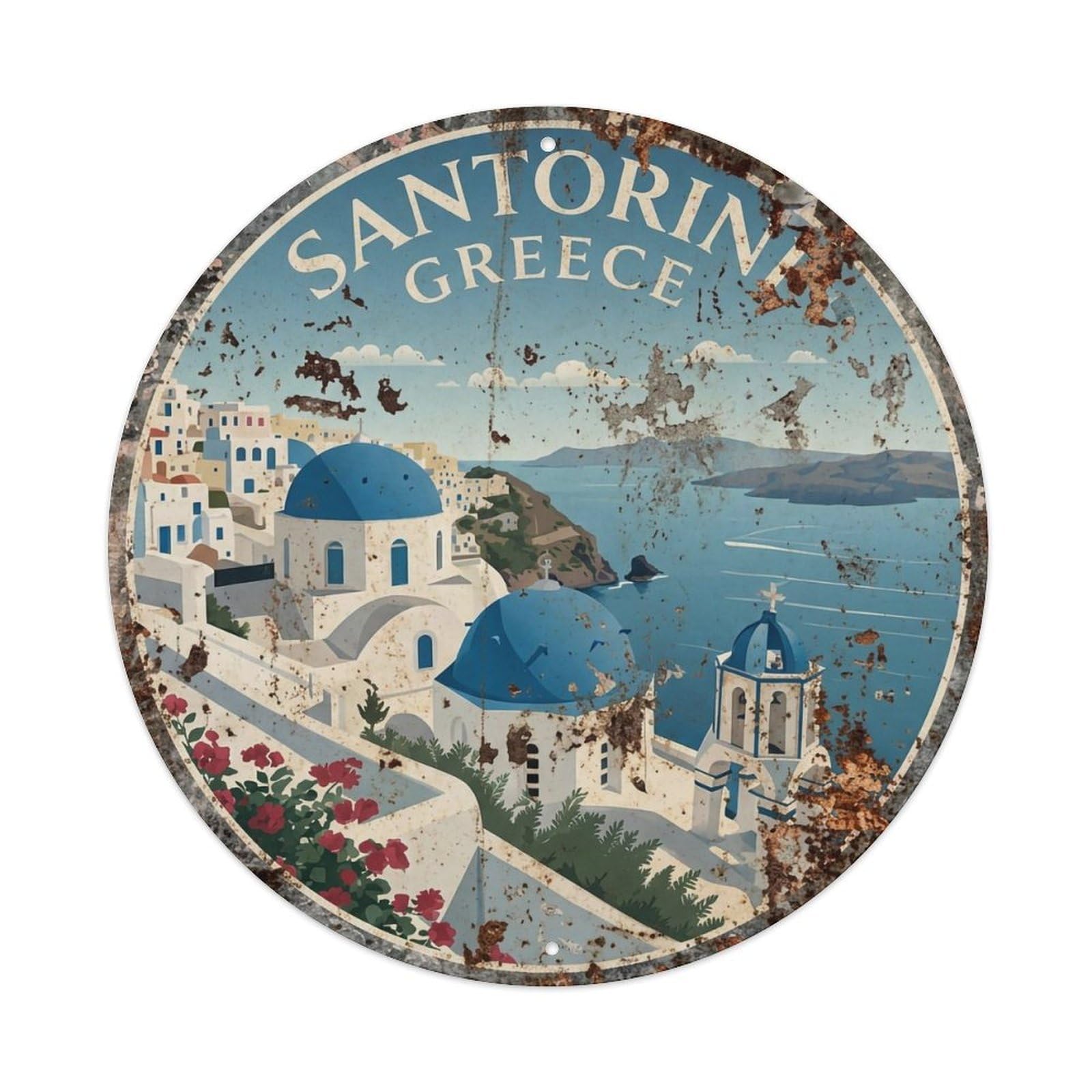 Vintage Travel Dome Santorini Azure 1 Metal Tin Sign