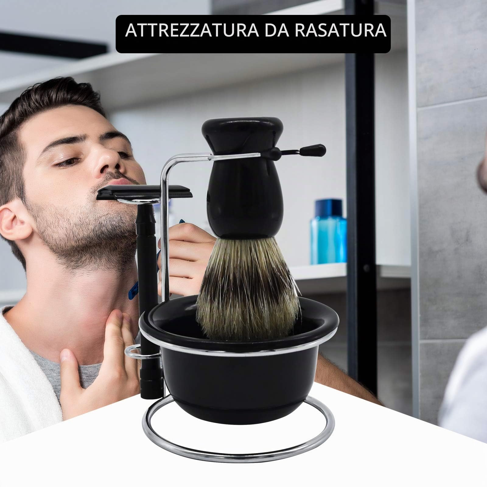Kit di rasatura per uomo, set universale in acciaio inox con ciotola da barba, il miglior supporto per rasoio di sicurezza, per rasoi manuali, lame, pennello da barba, ciotola da barba