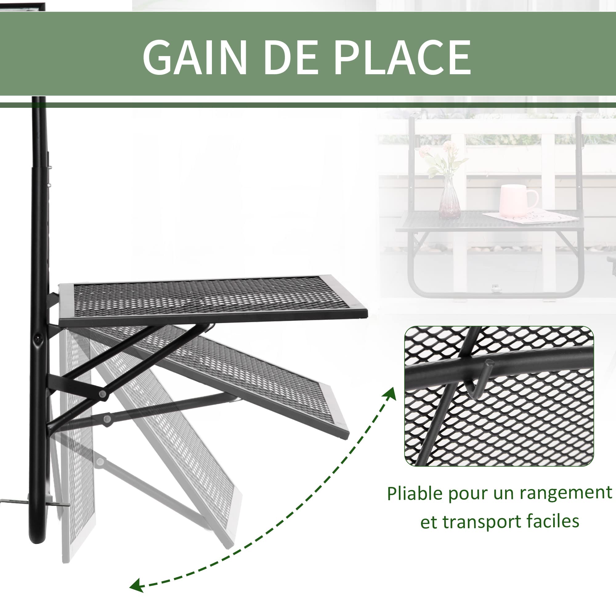 Outsunny Table de Balcon Suspendue Pliable Hauteur réglable 60x60x57-72 cm Noir
