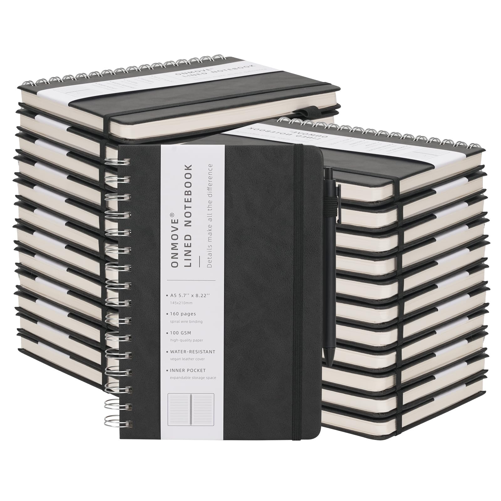 OnMove Lot de 24 carnets à spirale pour homme et femme avec couverture rigide en cuir et porte-stylo - Format A5 - 160 pages - Papier épais de 100 g/m² - Pour le travail et l'école (noir)