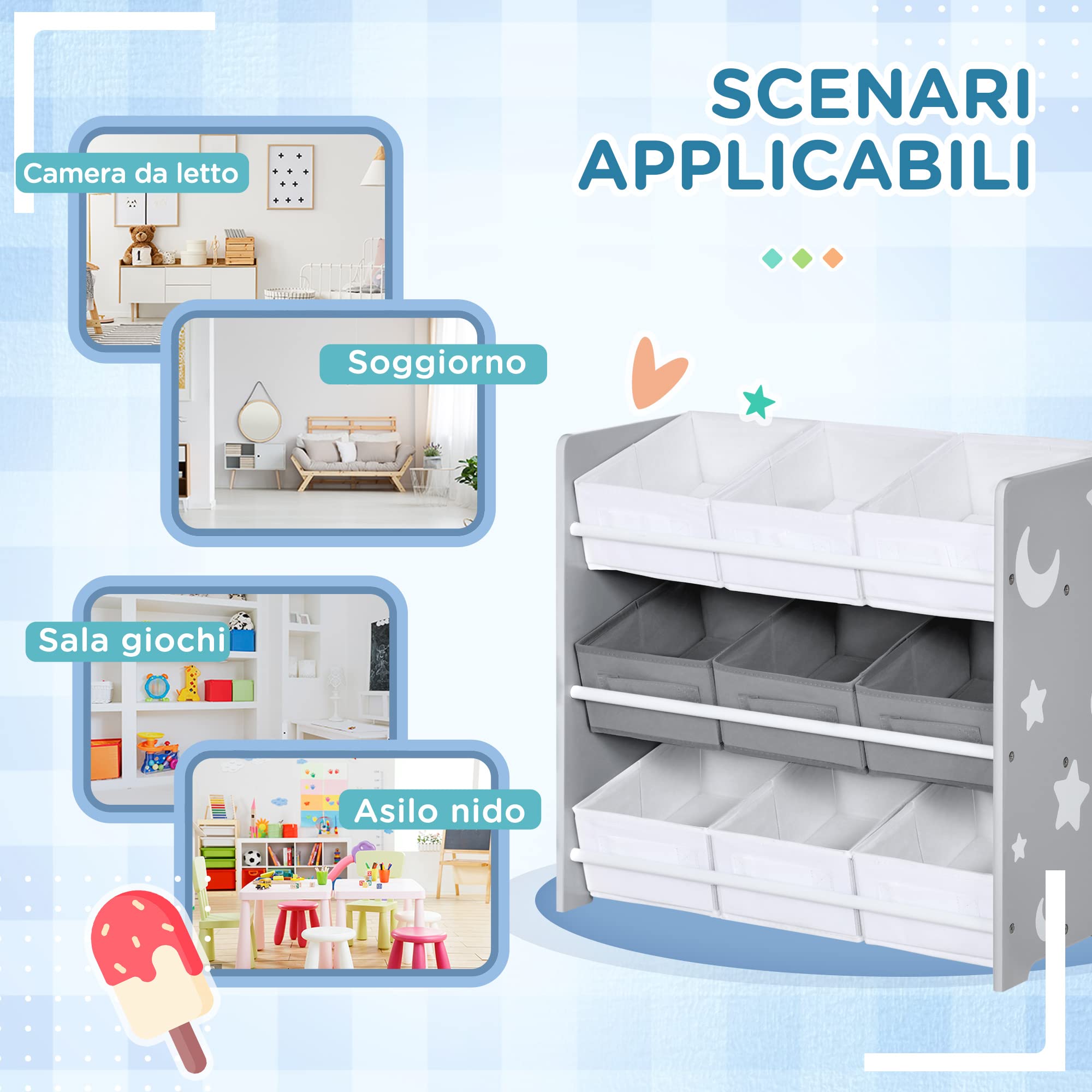 ZONEKIZ Mobile Contenitore per Bambini con 9 Cestini Rimovibili, Mobiletto Portagiochi in Legno MDF e Tessuto, 63x30x60 cm, Grigio