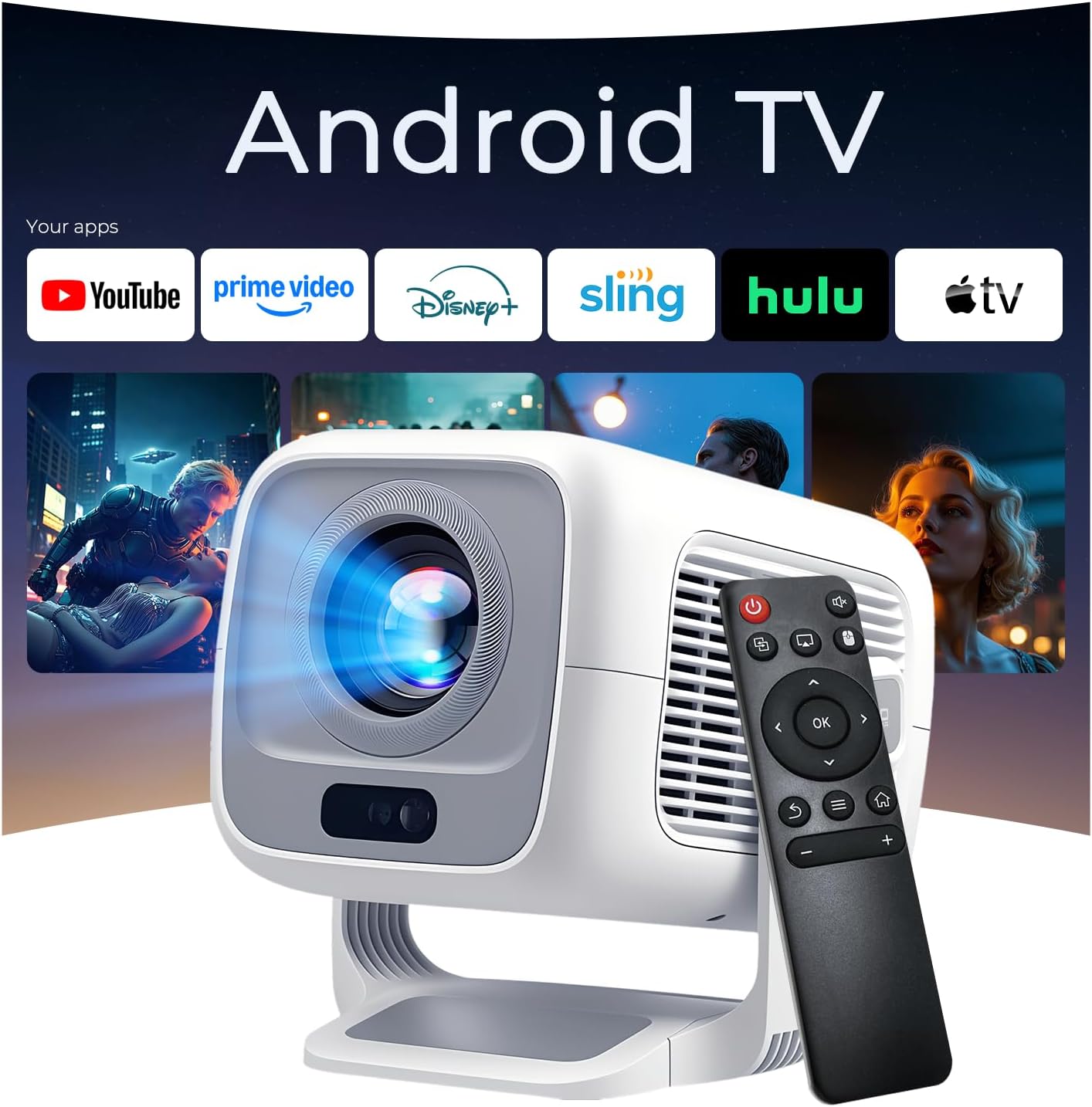 Smart Projector with WiFi 6 and Bluetooth 5.4, 600 ANSI Native 1080P Portable Mini Projector with Auto Focus & Keystone, 270° Rotatable for Bedroom Home Theater Outdoor Movie White&Gray