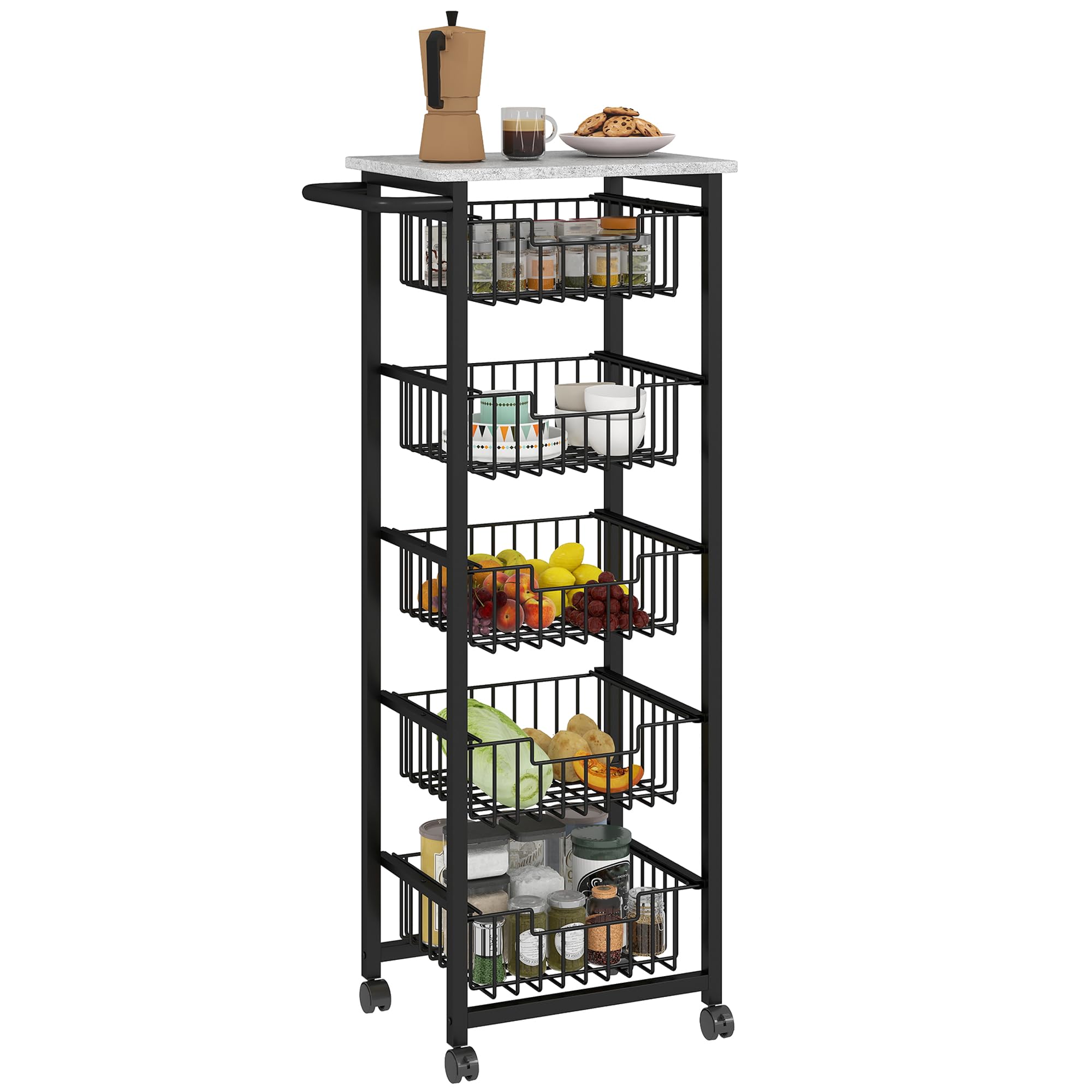 Homcom Unisex Light Grey 5-Tier Kitchen Island On Wheels With 5 Pull-Out Baskets,