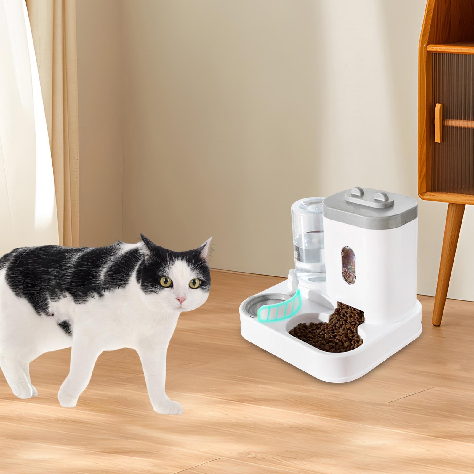 2 in 1 Automatic Pet Waterer,Cat Water Dispenser and Food Bowl Set,1L Drinker 2L Feeder Automatic Dog Cat Feeder for Rabbits, Gray