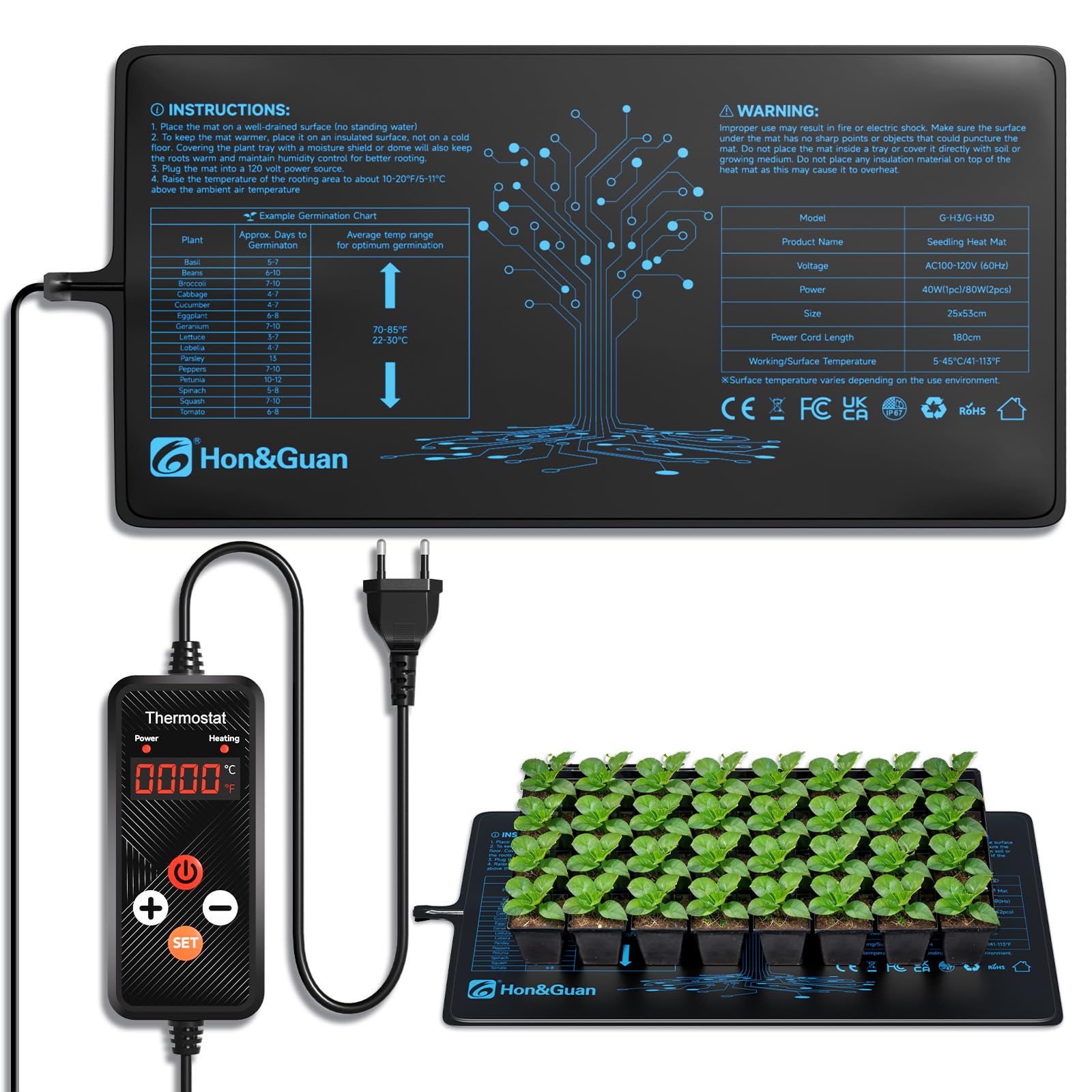 Hon&Guan 10"x 20.75" Seedling Heat Mat with Digital Thermostat Combo Set,Waterproof Plant Heating Pad for Germination,Indoor Gardening,Greenhouse