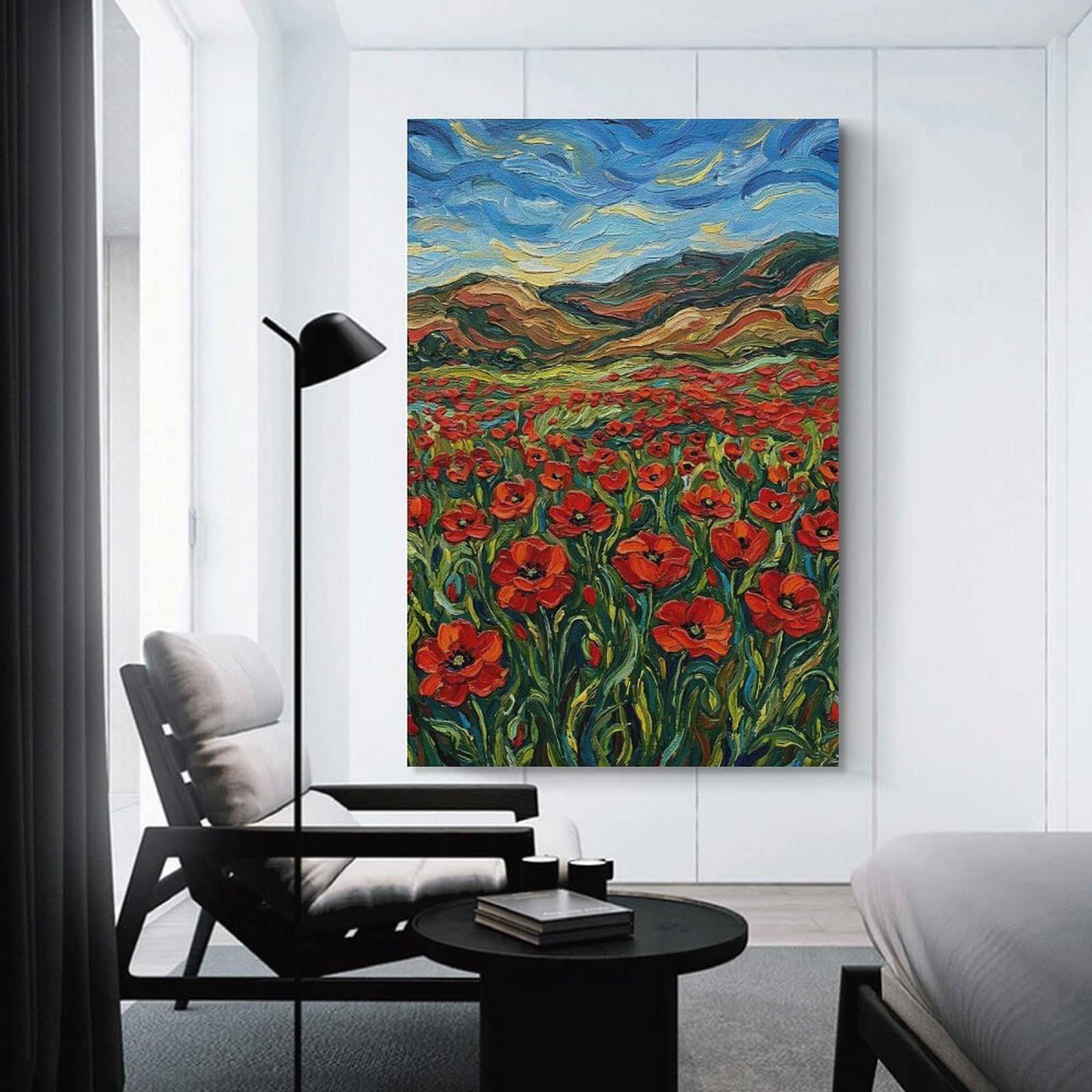 Junmoney Wall Art Print Field of Poppies Under A Swirling Sky, 20x30inch(50x75cm), for Contemporary Homes, Apartments Or Offices, An Easy Choice for New Home Styling