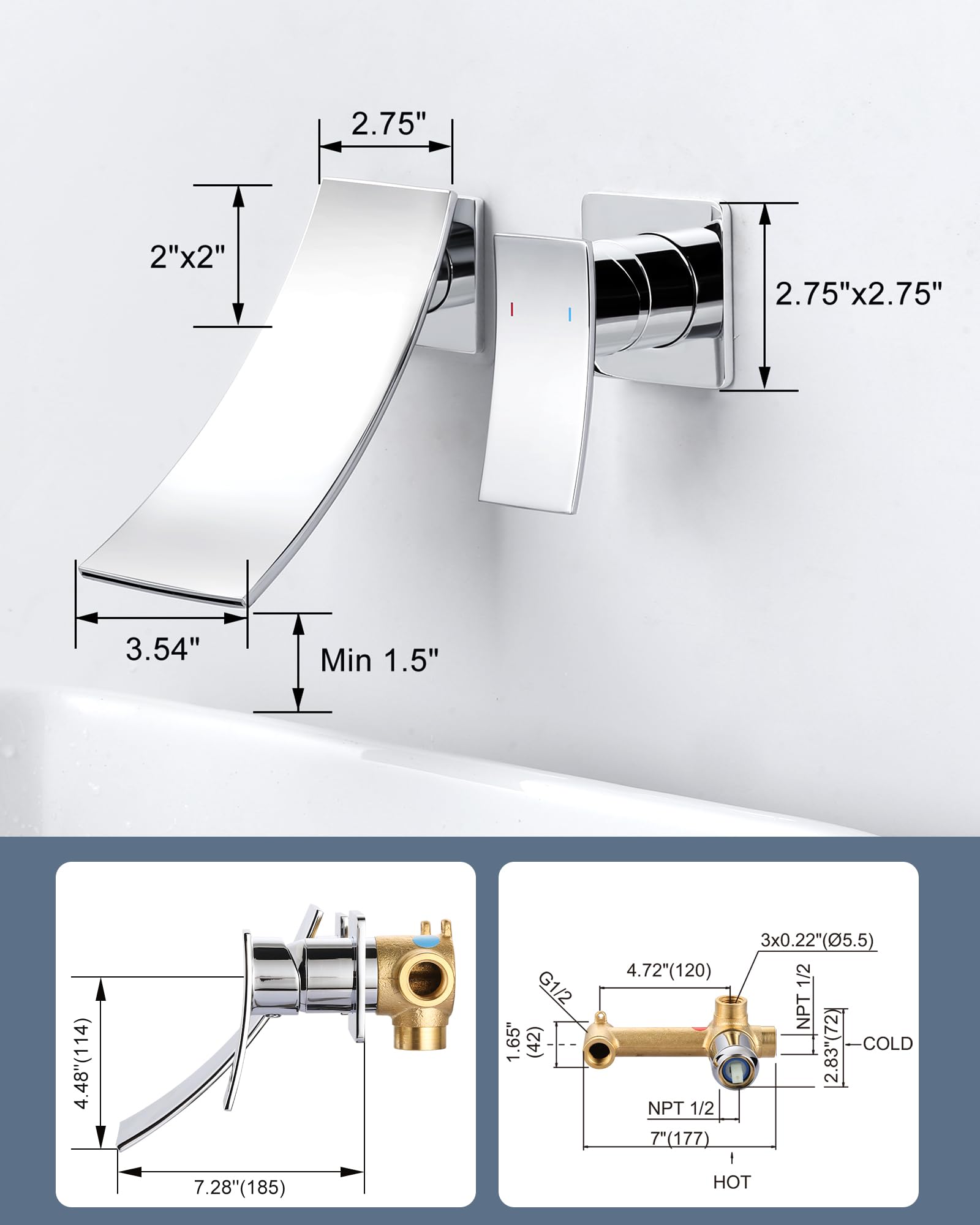 Rubinetto da bagno a cascata: rubinetto da incasso per montaggio a parete – Rubinetto a parete a 2 fori con manico semplice e beccuccio grande, miscelatore per bagno, cromato