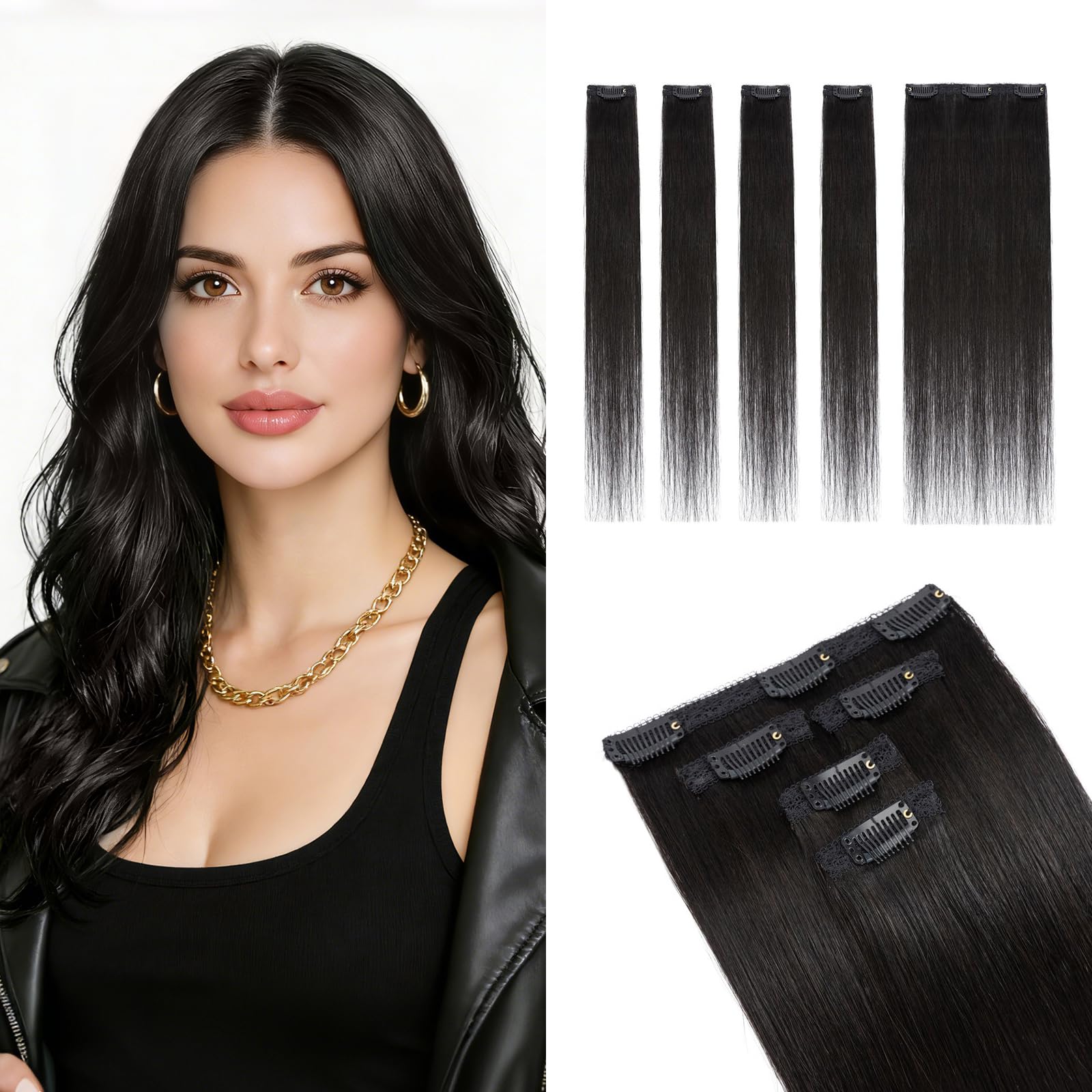 MY-LADY 5 Stück Clip in Extensions Echthaar Glatt #1B Natürliches Schwarz 52g 50cm - 4PCS Einzelclips + 1PCS Dreifach-Clip Lace Basis Clip in Human Hair Extensions für Natürlichen Look & Highlights