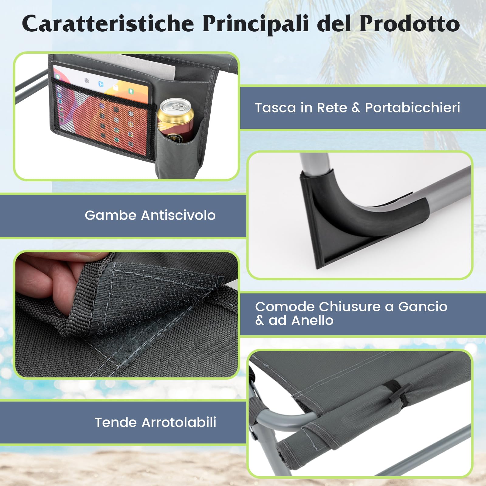COSTWAY Lettino Prendisole Pieghevole Portatile, Lettino da Spiaggia con Fori per Viso e Braccia, Cuscino Poggiatesta e Tasca, Schienale Regolabile, per Mare e Piscina, Portata 180 kg (Grigio Scuro)