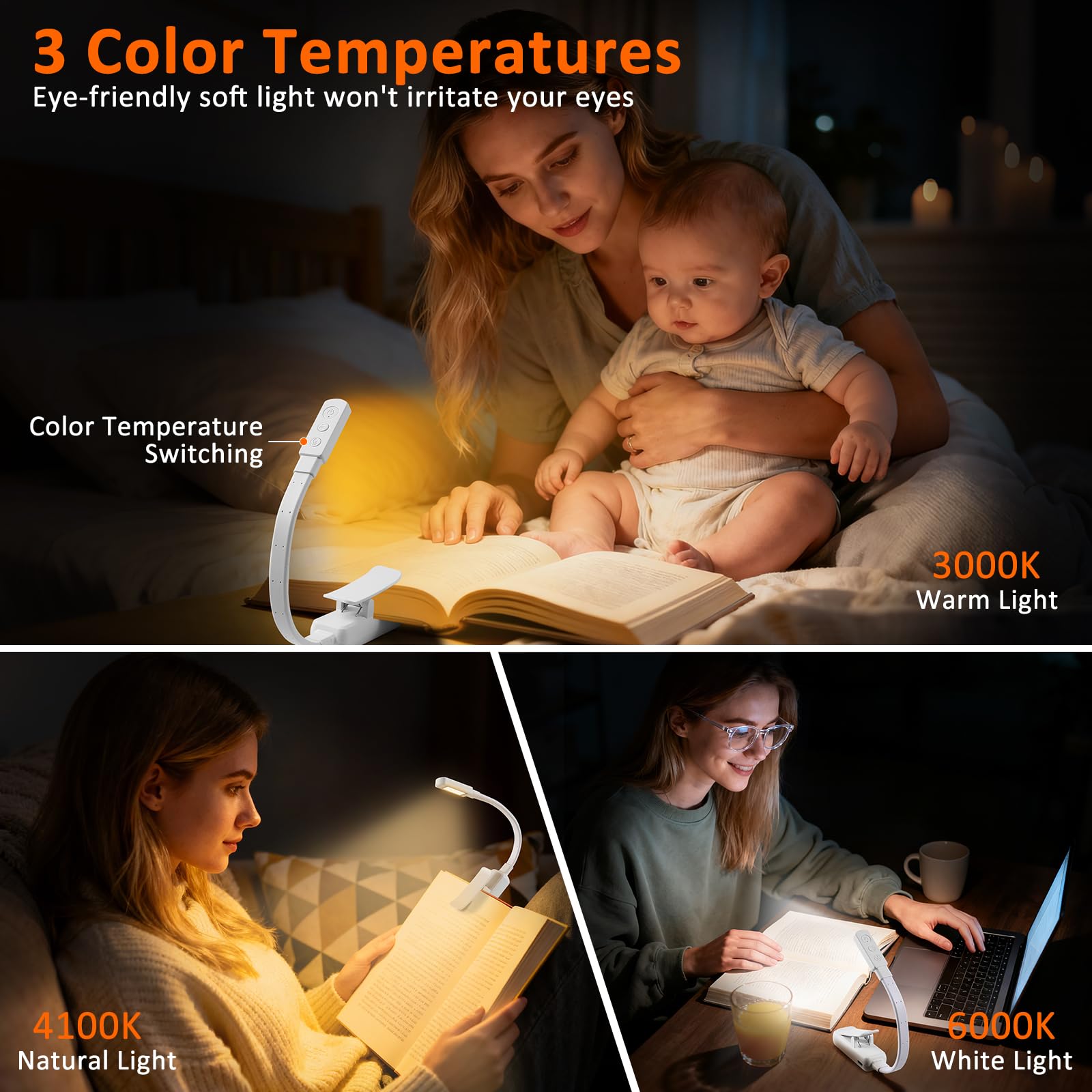 VZZNN 10 luci da lettura a clip, luce ricaricabile con 5 LED, 3 temperature di colore e oscuramento continuo, lampada portatile da letto (bianco)