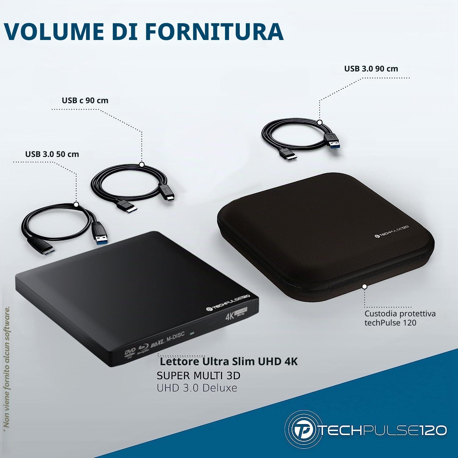techPulse120 Masterizzatore esterno UltraHD UHD 4k 3D M-DISC BDXL HDR10 100GB USB 3.0 & USB-C, masterizzatore Burner Superdrive UltraSlim BD DVD CD CD Ultra Pack custodia 90cm cavo alluminio nero