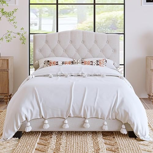 Base de cama de plataforma tapizada de tamaño matrimonial con cómoda cabecera curvada con silla de montar, cama de plataforma moderna de estilo real