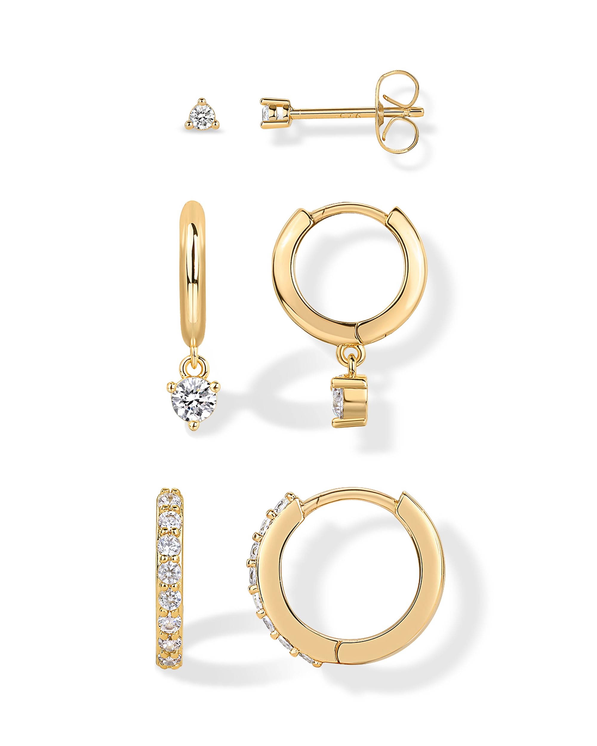 PAVOI 18K Gold Plated 925 Sterling Silver Posts Three Pairs Statement Earrings for Women - Cubic Zirconia Gold
